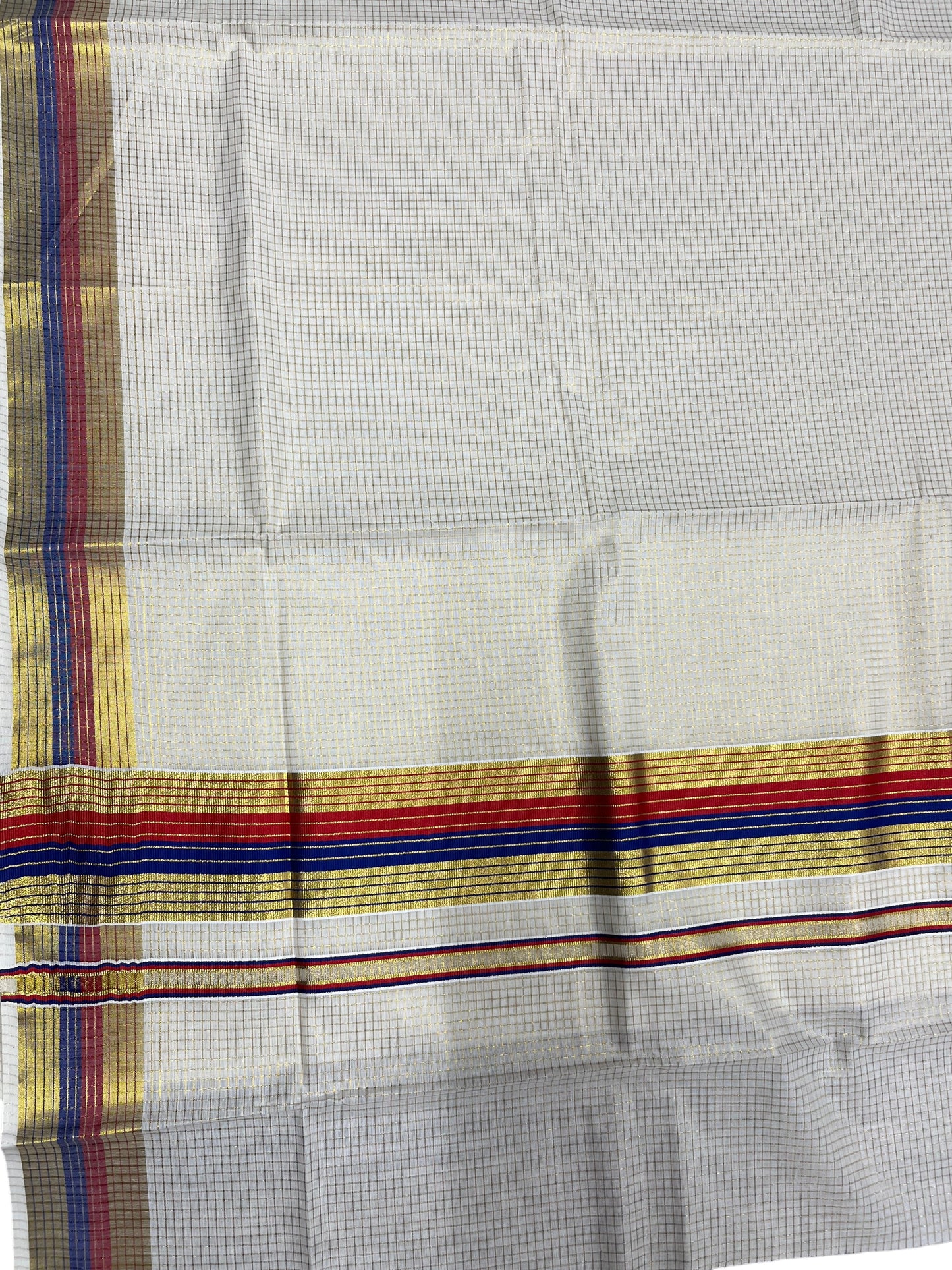 Southloom Kerala Cotton Kasavu Saree with Micro Check Design on Body in Red & Blue Border