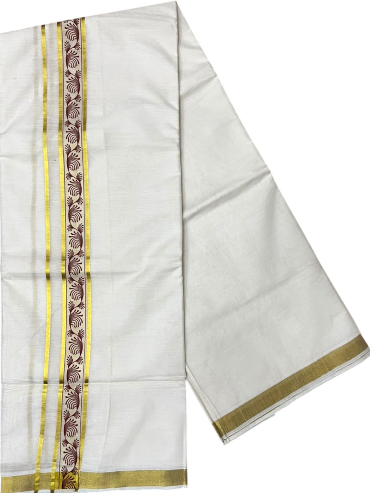 Southloom Pure Cotton Double Mundu with Maroon Block Printed And Ksavu Border (South Indian Kerala Dhoti)
