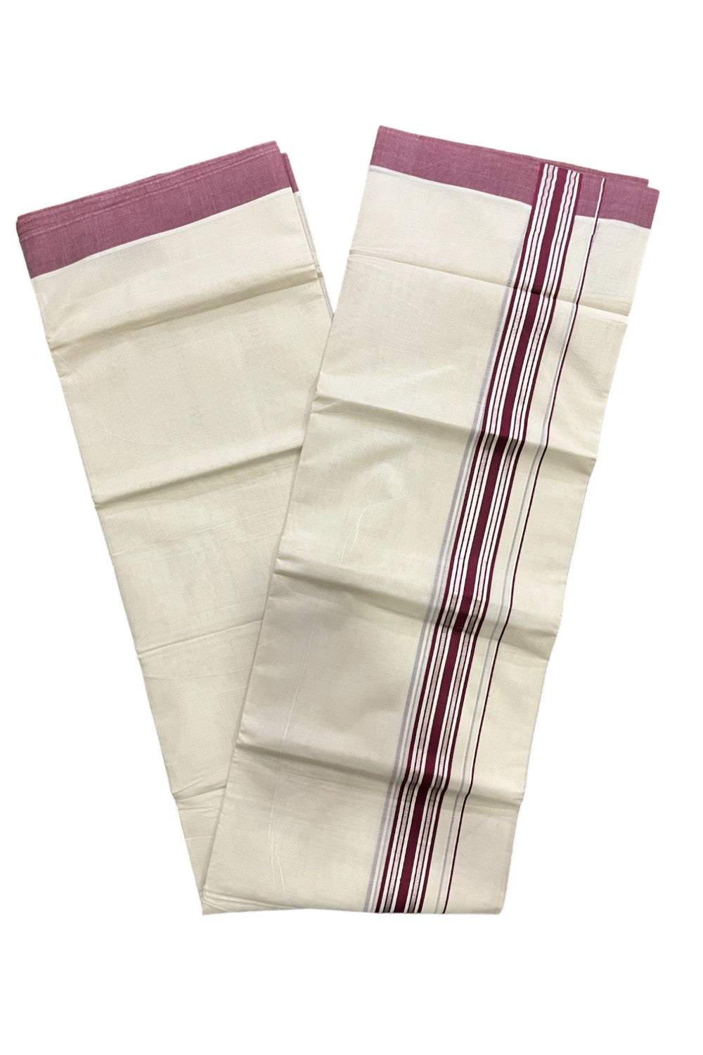 Kerala Pure Cotton Double Mundu with Silver Kasavu and Maroon Border (South Indian Kerala Dhoti)