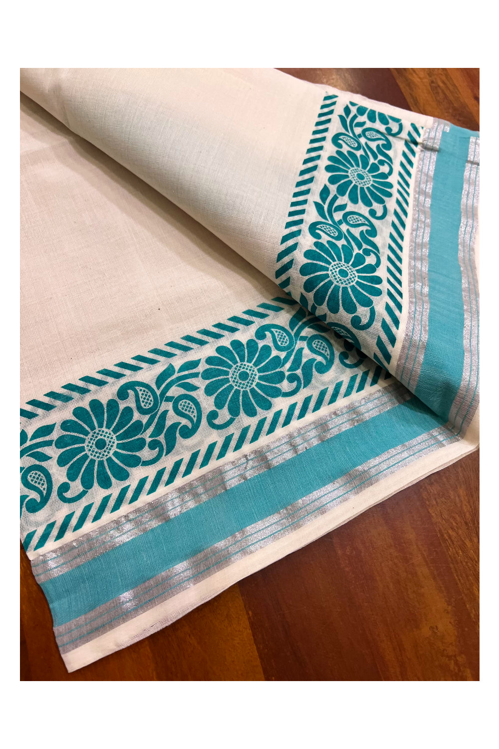 Kerala Pure Cotton Set Mundu Single (Mundum Neriyathum) with Black Block Prints on Blue Border and Silver Kasavu - 2.80Mtrs (Vishu 2024 Collection)