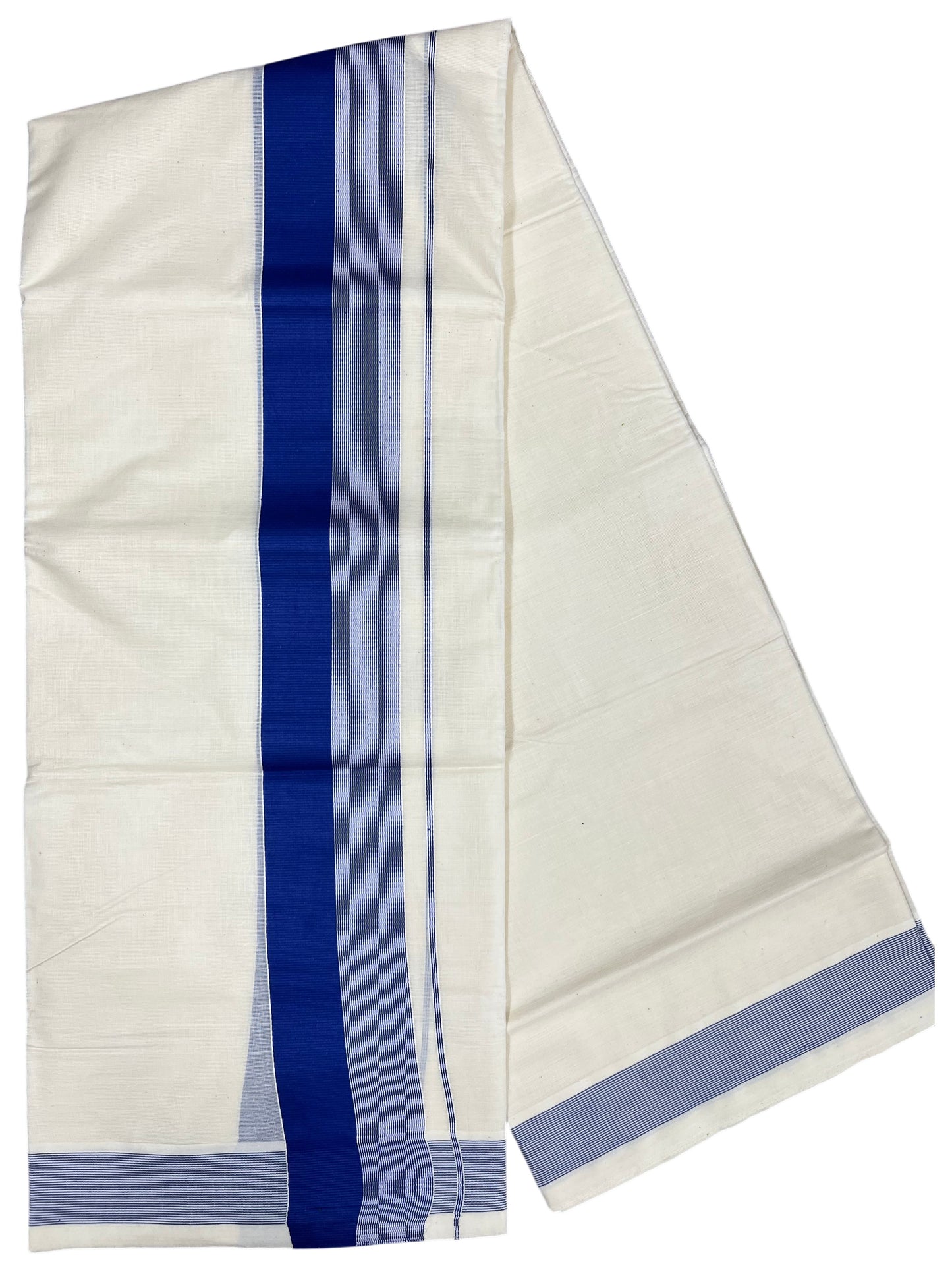 Southloom Kerala Pure Cotton Double Mundu with Blue Lines And Blue Border (South Indian Kerala Dhoti)