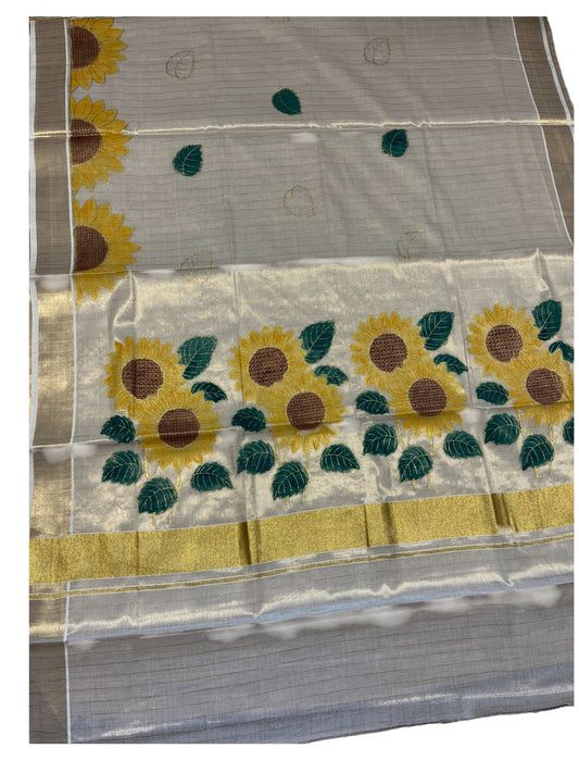 Southloom Kerala Tissue Kasavu Lines Saree with Embroidery Work in Yellow Floral Print