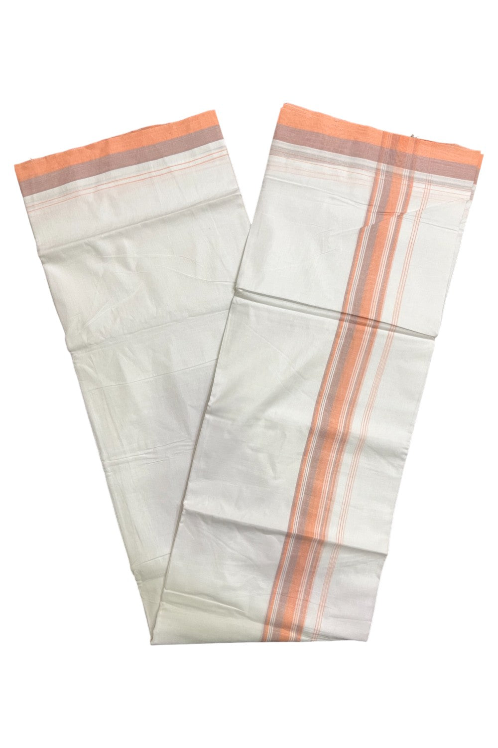 Pure White Cotton Kerala Double Mundu with Peach Violet Border (South Indian Kerala Dhoti)