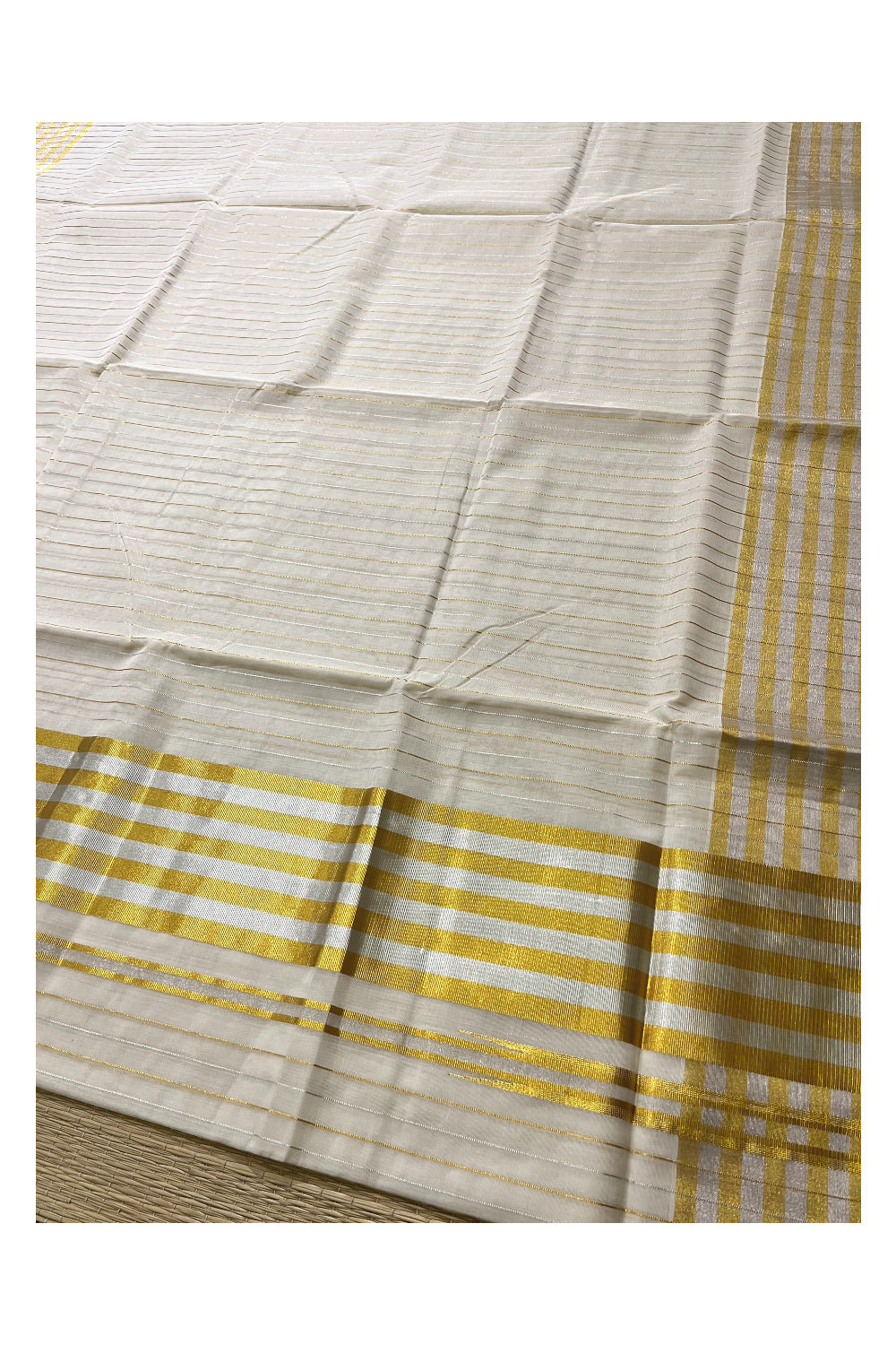 Southloom™ Premium Handloom Cotton Saree with Silver and Golden Kasavu Lines Designs Across Body