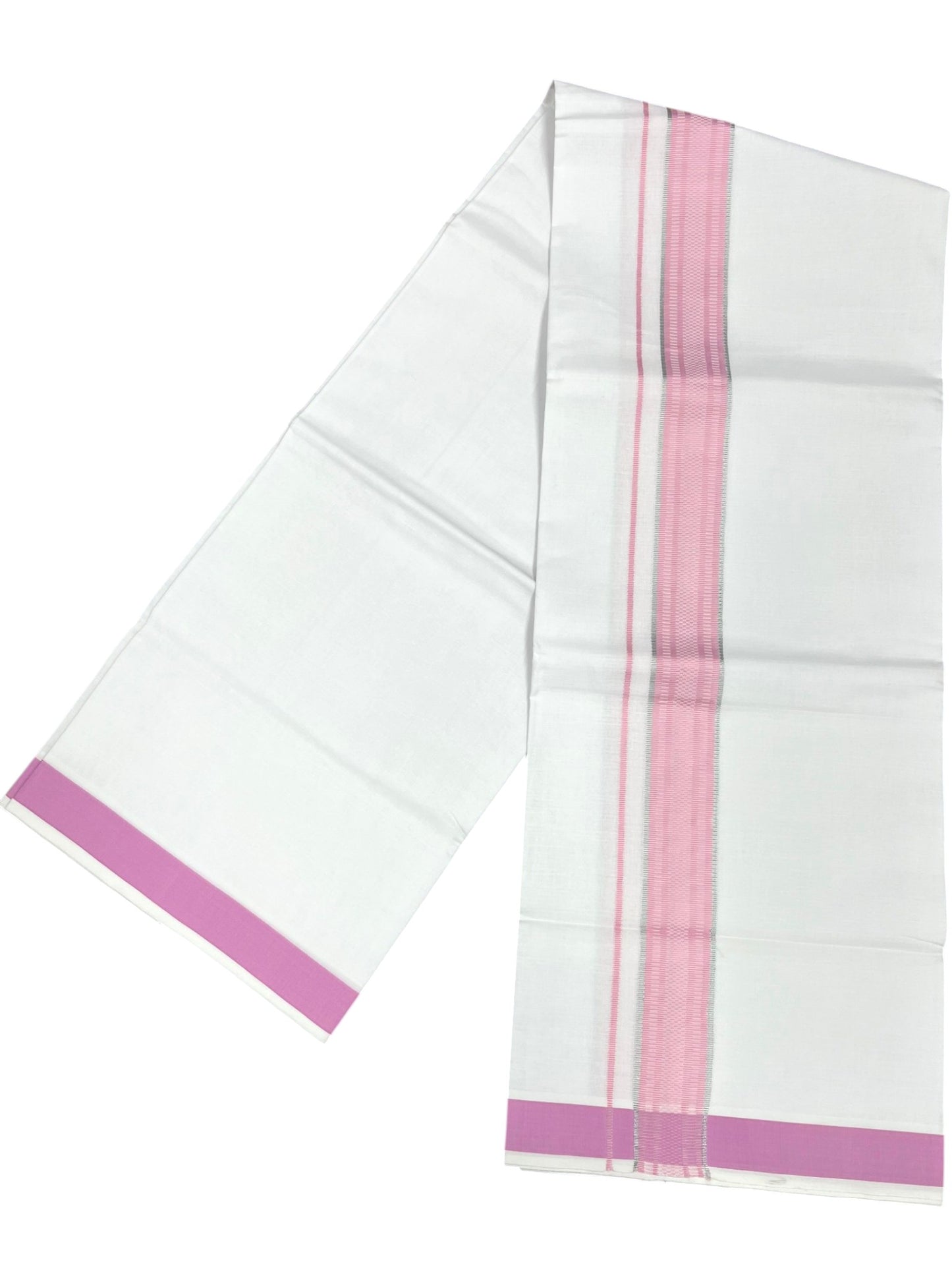 Southloom Pure White Cotton Mundu with Silver Line & Pink Border (South Indian Kerala Dhoti)