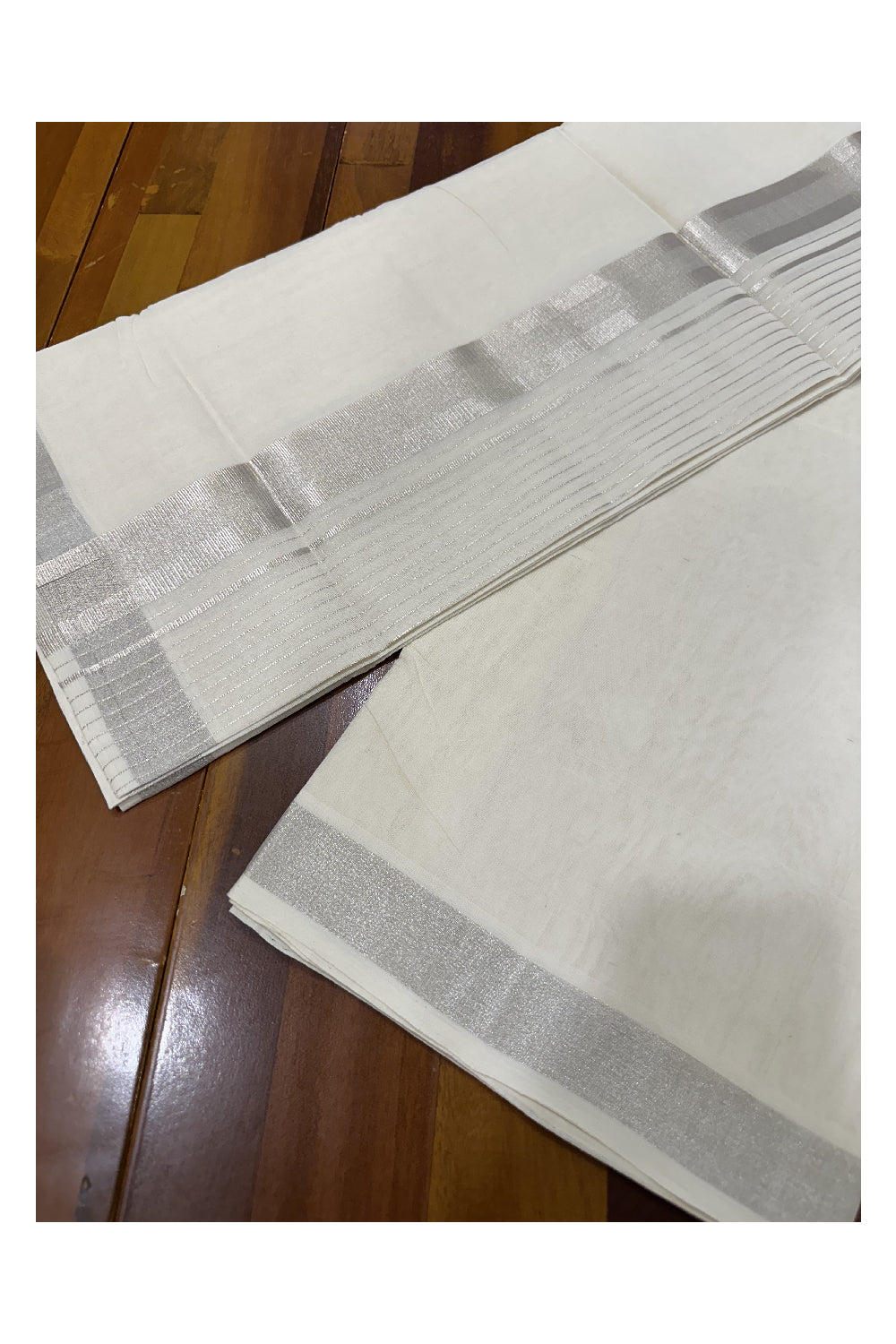 Southloom Premium Balarampuram Handloom Mundu with Silver Border and Silver Woven Lines after Kara(South Indian Dhoti)