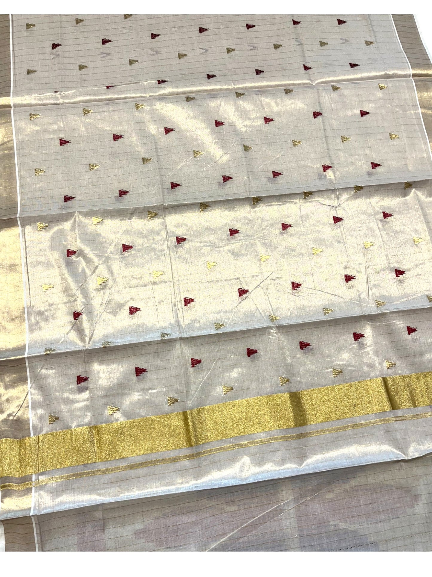 Southloom Kerala Tissue Kasavu Stripes Saree With Maroon Temple Embroidery on Body