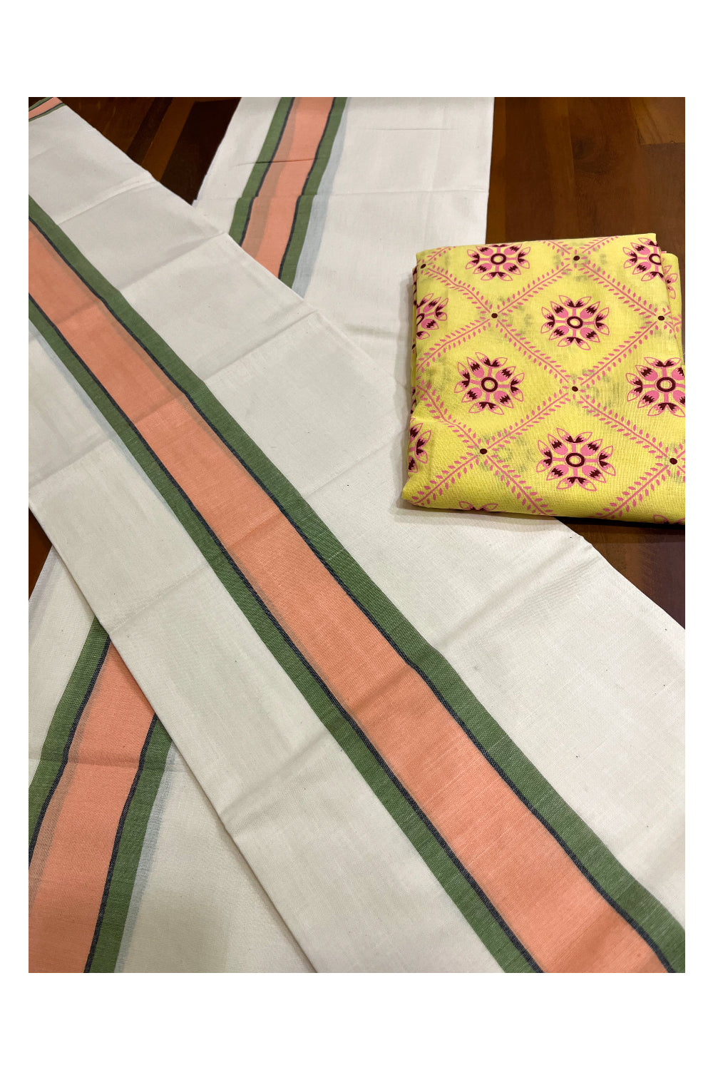 Southloom Mulloth Soft Cotton Peach Green Border Set Mundu with Jaipur Printed Blouse Piece (2.60 M Neriyathu / Blouse 1 Meter)