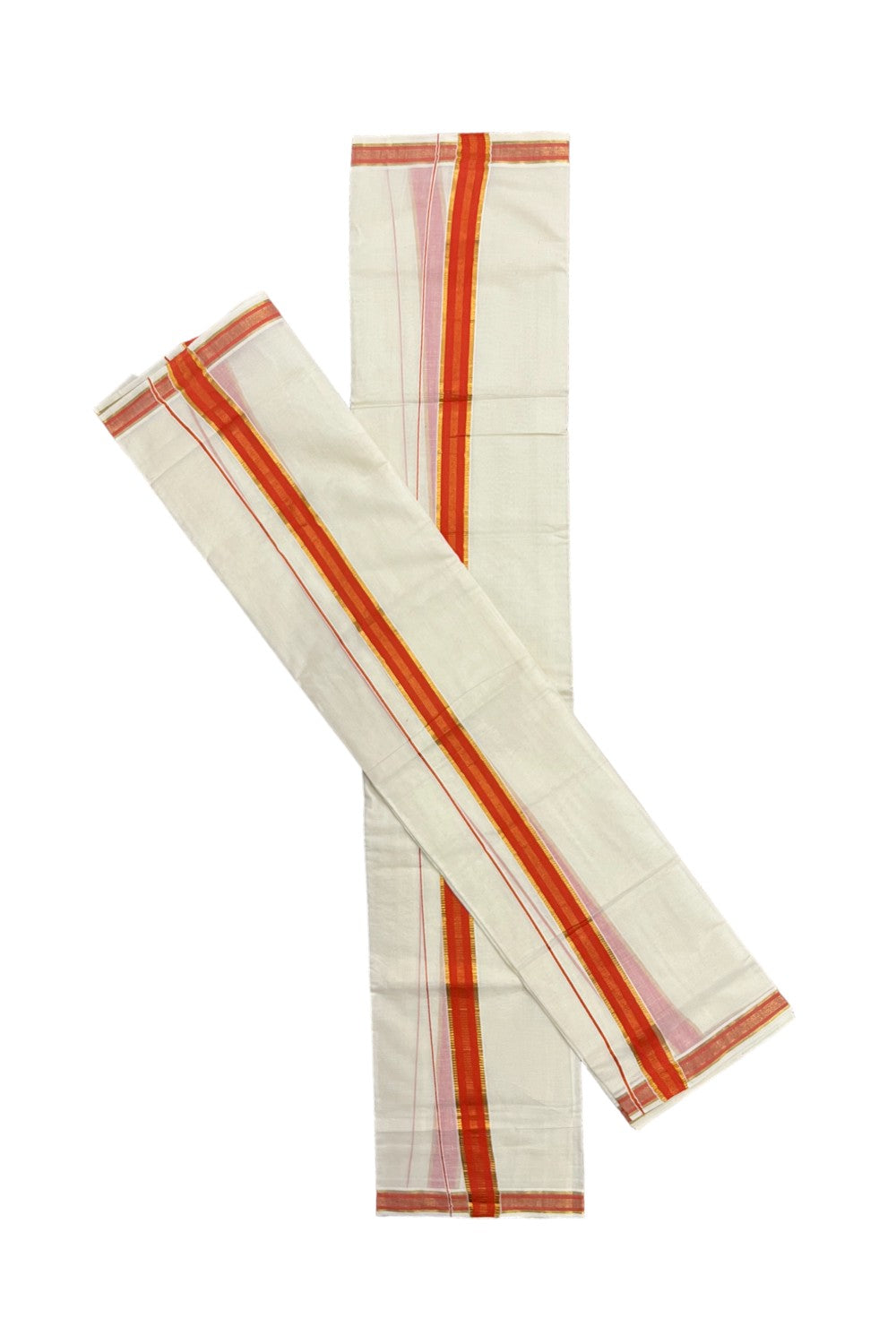 Kerala Cotton Set Mundu (Mundum Neriyathum) with Orange and Kasavu Border