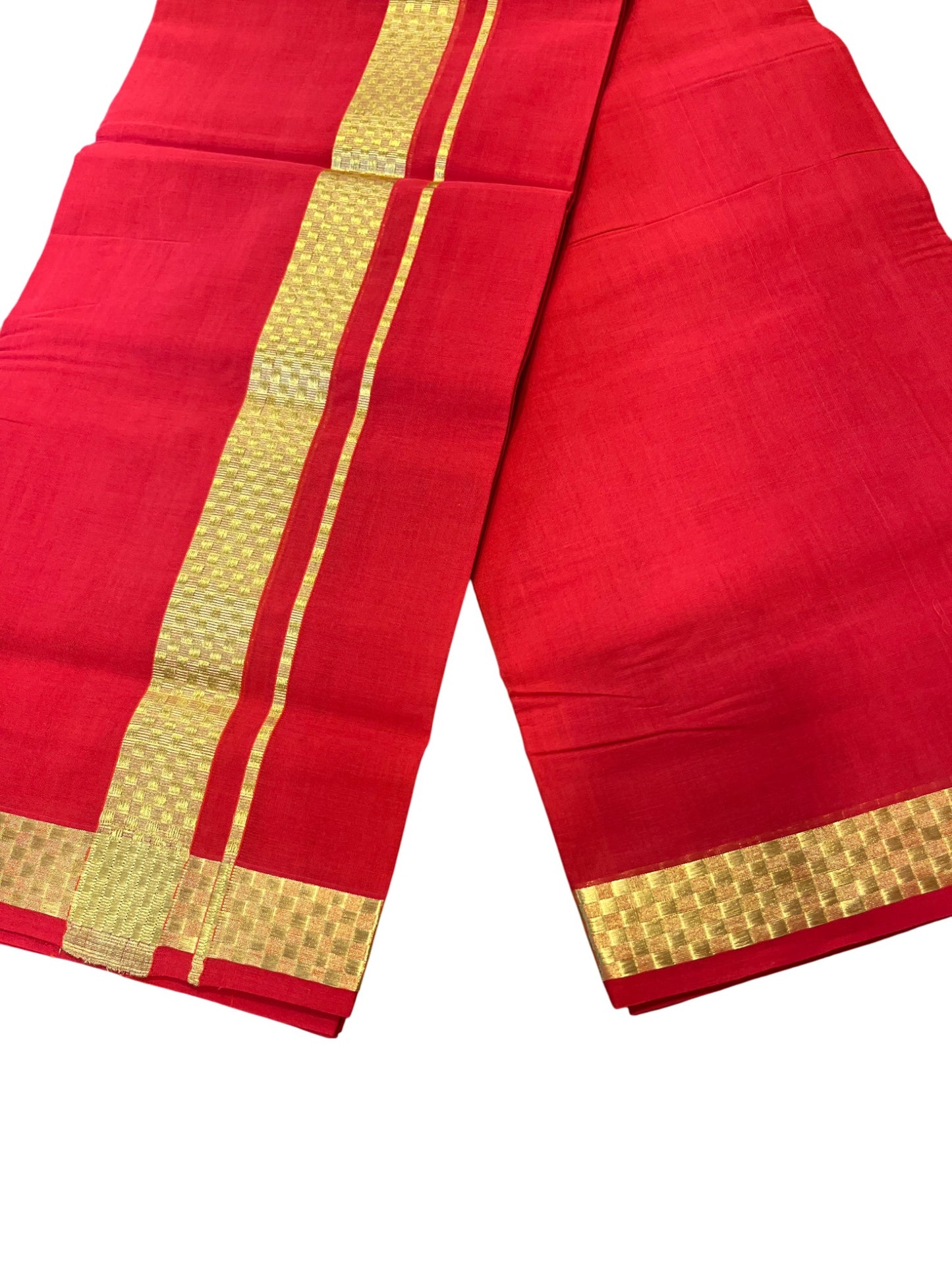 Southloom Premium Handloom Cotton Red Double Mundu with Gold Kasavu and Paa Neythu Border