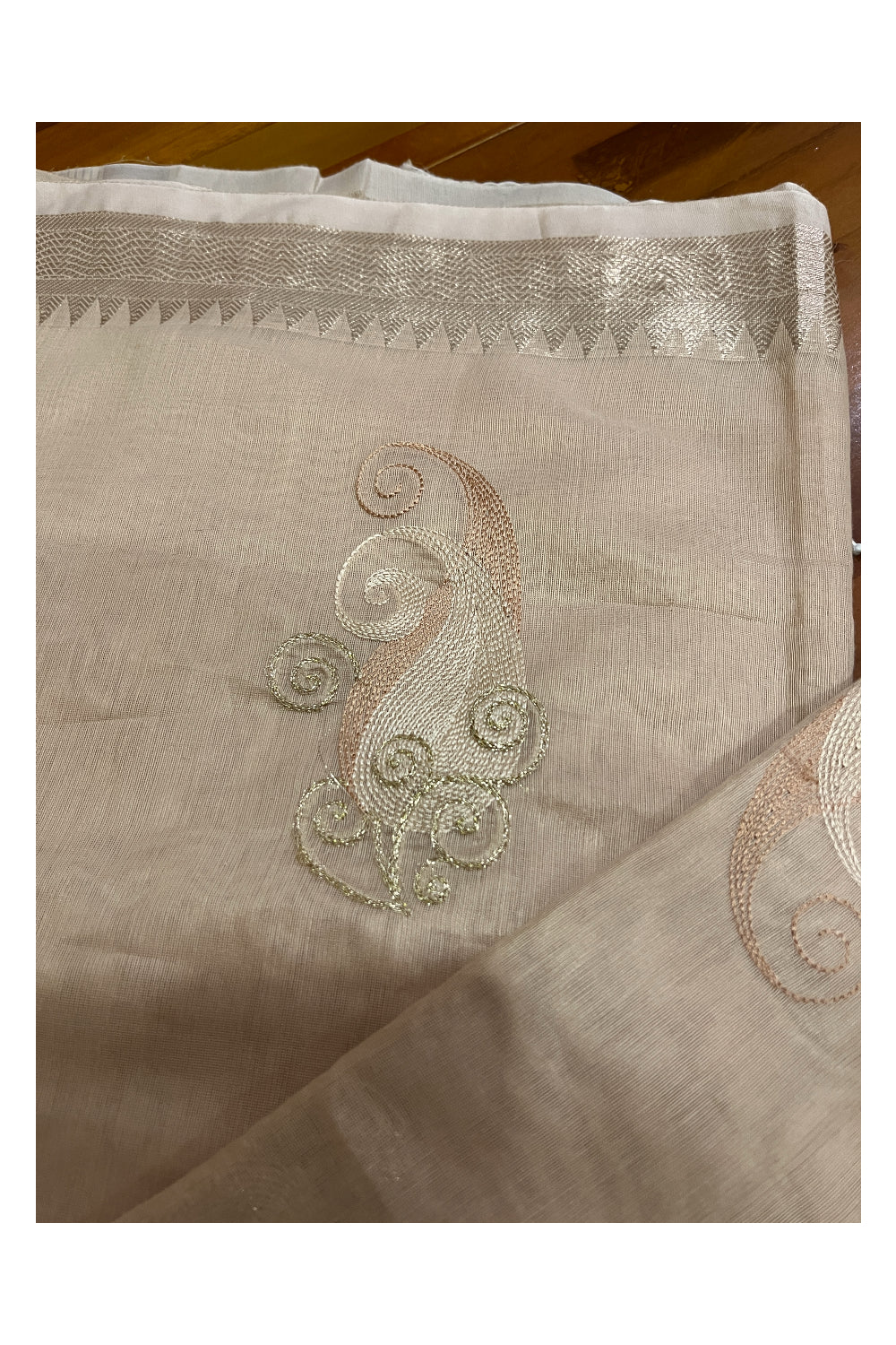 Southloom Cotton Light Brown Saree with Paisley Thread Works
