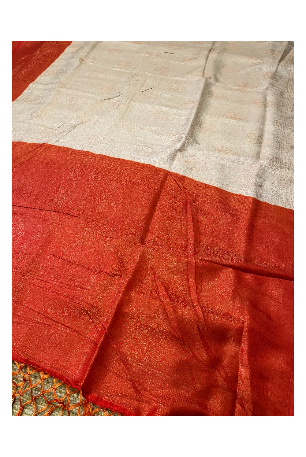 Southloom Soft Silk Beige Designer Saree with Orange Border