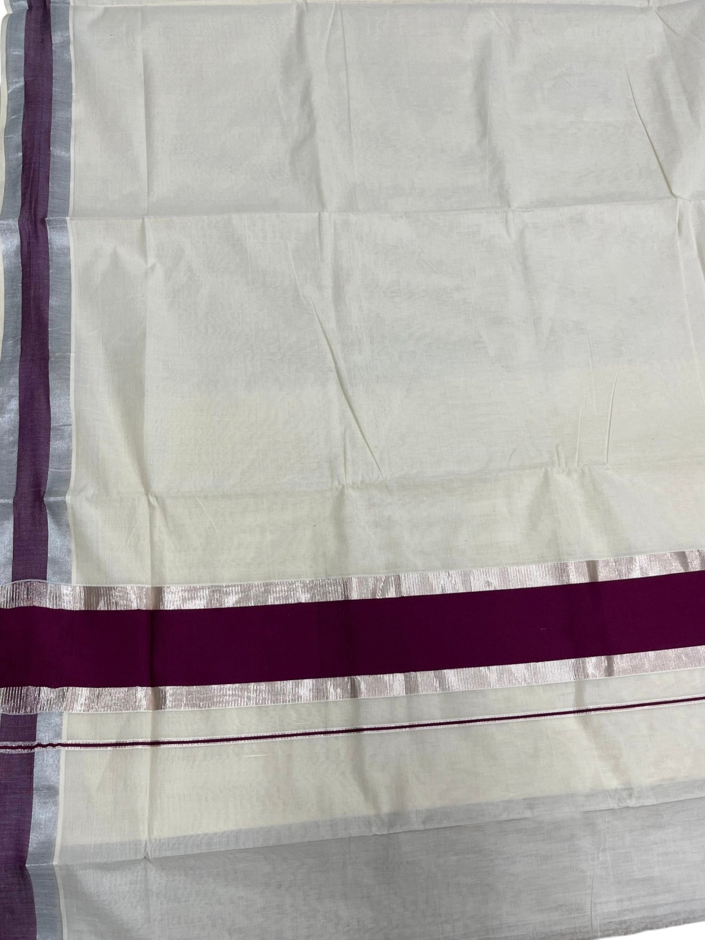 Kerala Pure Cotton Plain Saree with Silver Kasavu and Purple Border