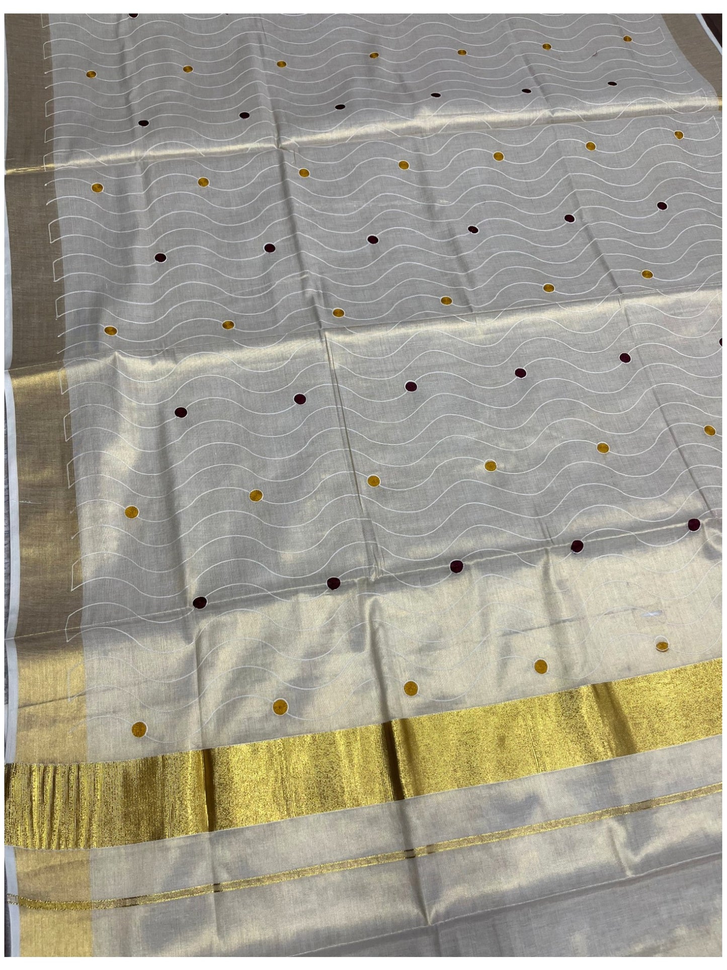 Southloom Kerala Tissue Kasavu Saree with Yellow and Maroom Polka with Embroidery Works