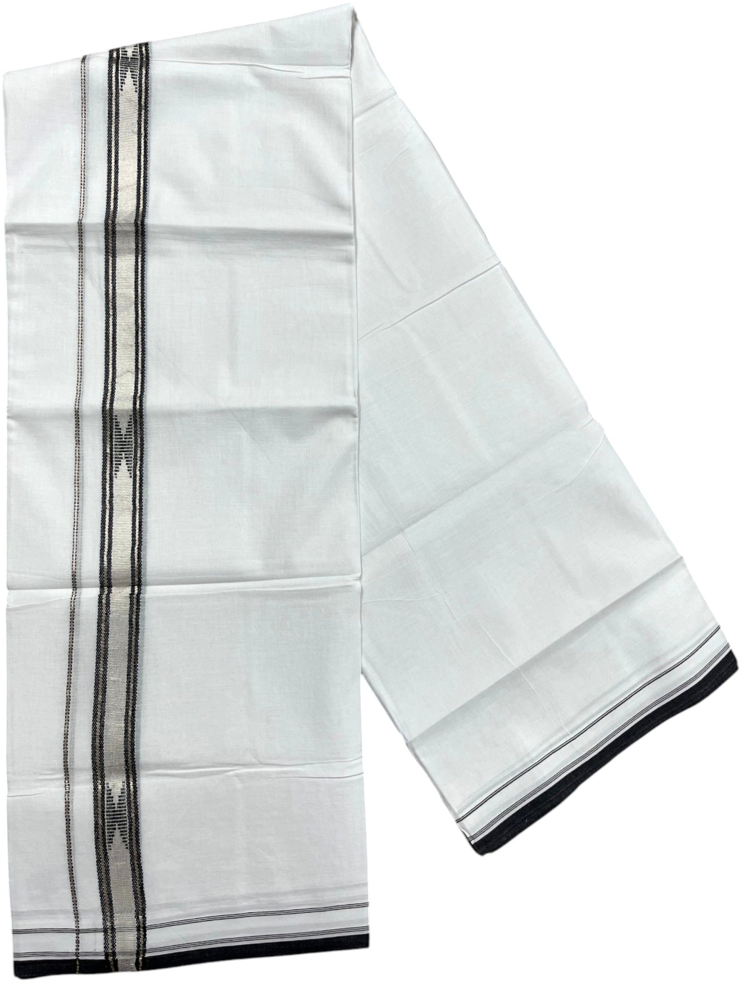 Southloom Pure White Cotton Mundu with Black & Silver Line Border (South Indian Kerala Dhoti)