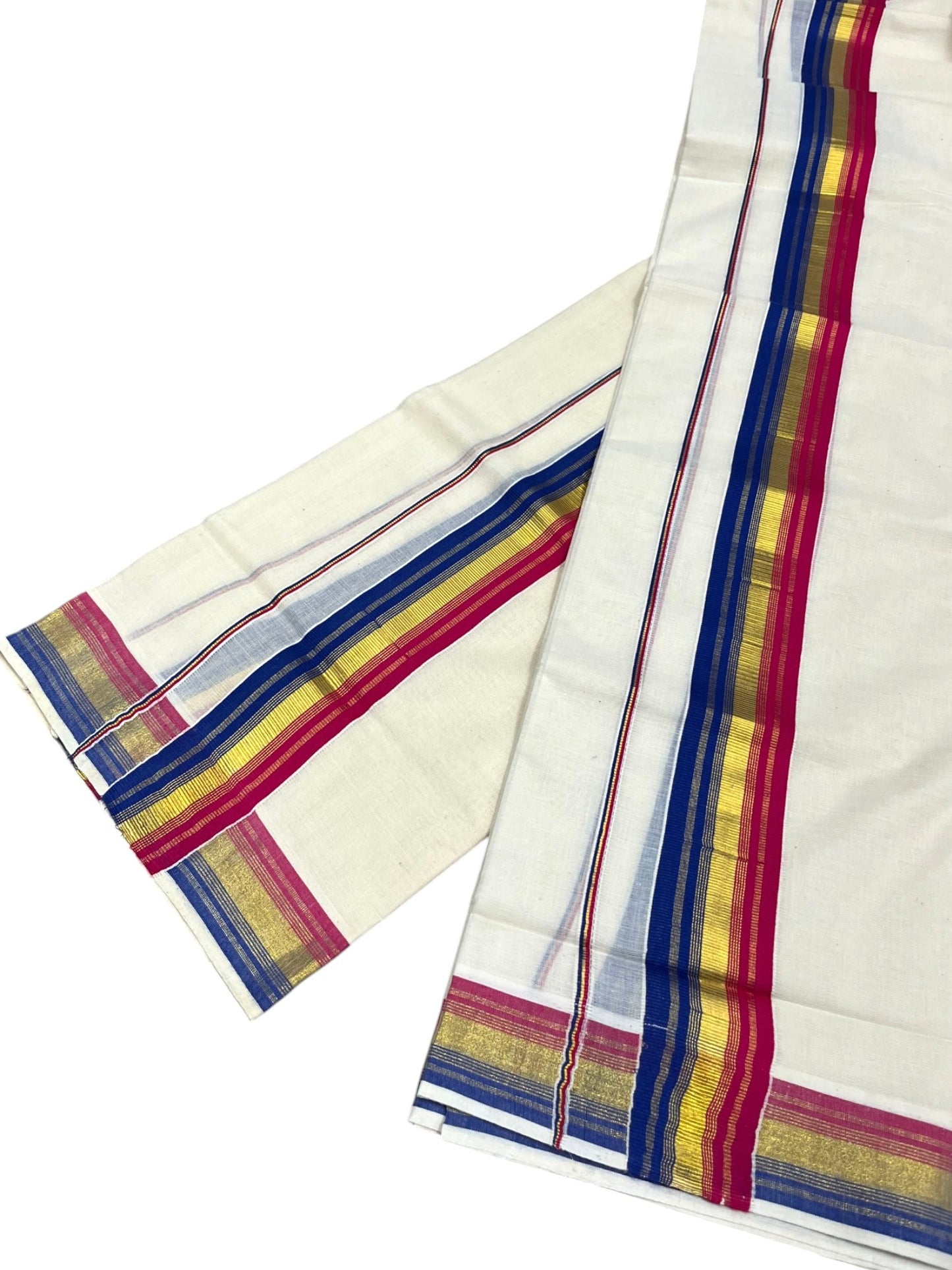 Southloom Kerala Cotton Kasavu Single Set Mundu (Mundum Neriyathum) with Blue and Magenta Kasavu Border SLKK SL480
