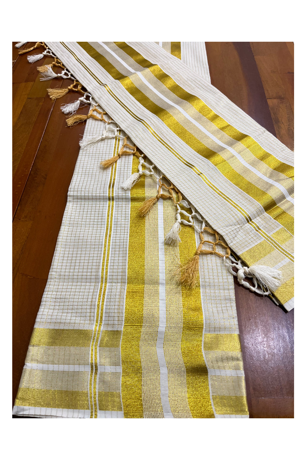 Pure Cotton Kasavu Set Mundu (Mundum Neriyathum) with Woven Check Design on Body and Tassels 2.50 Mtrs