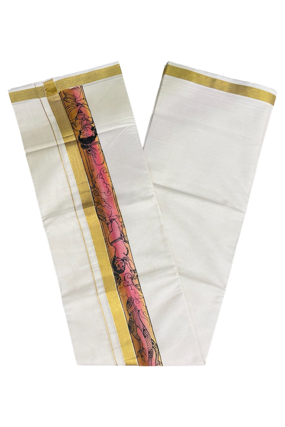 Kerala Pure Cotton Double Mundu with Mural Hand Painted Design on Kasavu Border (South Indian Kerala Dhoti)