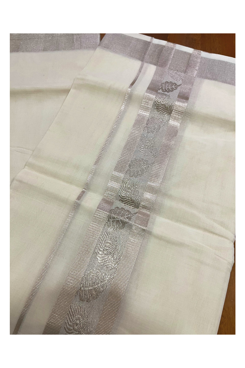 Southloom Premium Handloom Pure Cotton Mundu with Silver Kasavu Woven Border (Onam Mundu 2023)