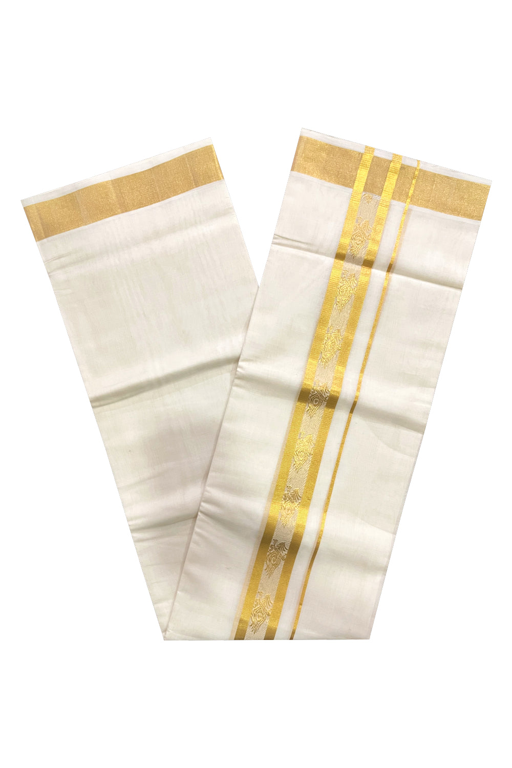 Southloom Premium Handloom Wedding Mundu with Kasavu Feather Woven Border (South Indian Kerala Dhoti)