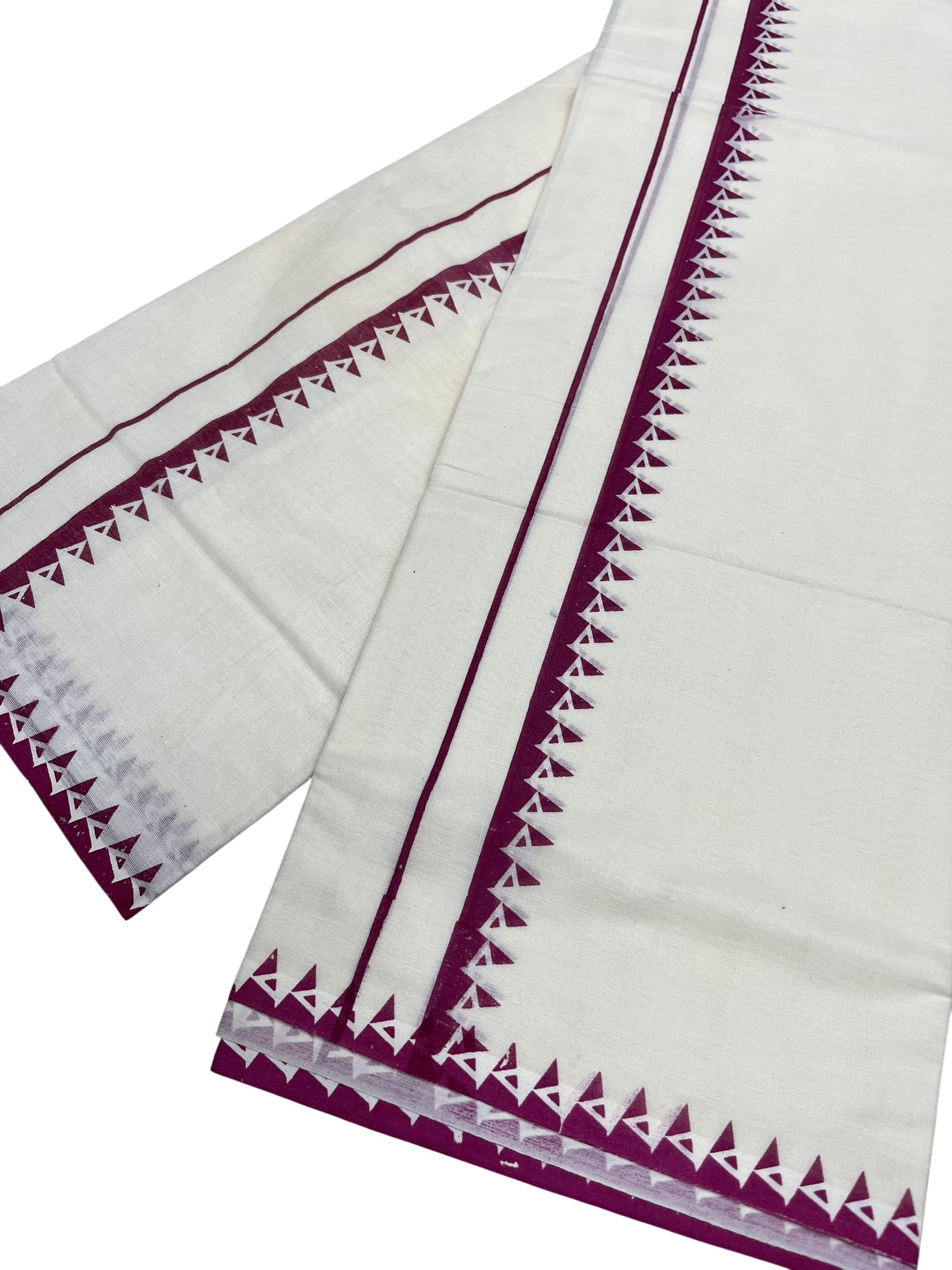 Kerala Cotton Set Mundu (Mundum Neriyathum) with Purple Block Prints on Body