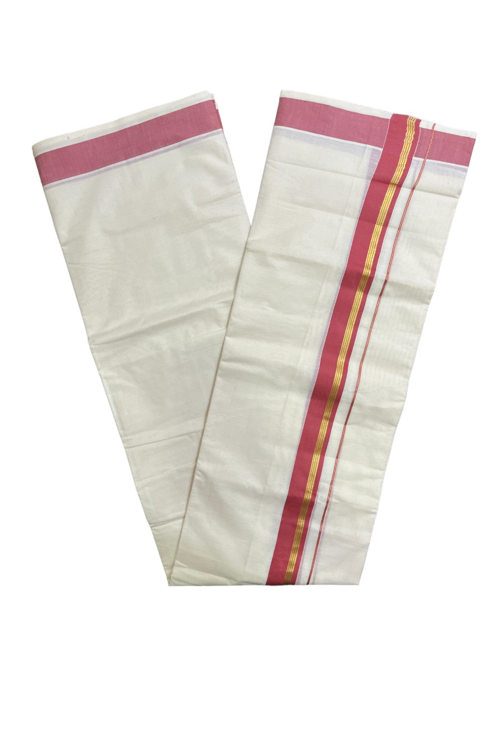 Kerala Pure Cotton Double Mundu with Onion Pink and Kasavu Border (South Indian Kerala Dhoti)