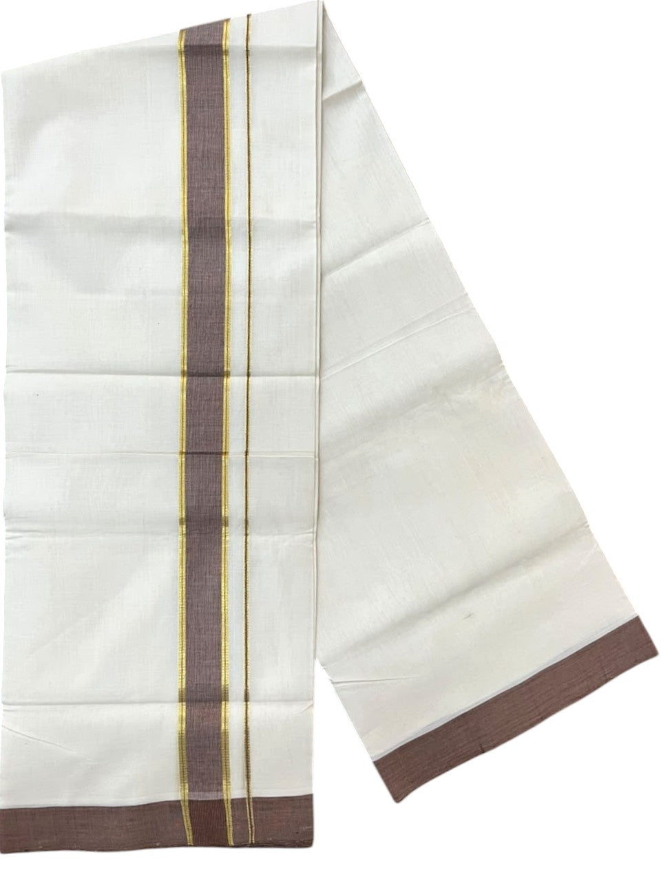 Southloom Balaramapuram Unakkupaavu Premium Handloom Cotton Double Mundu with Gold Kasavu and Brown Border