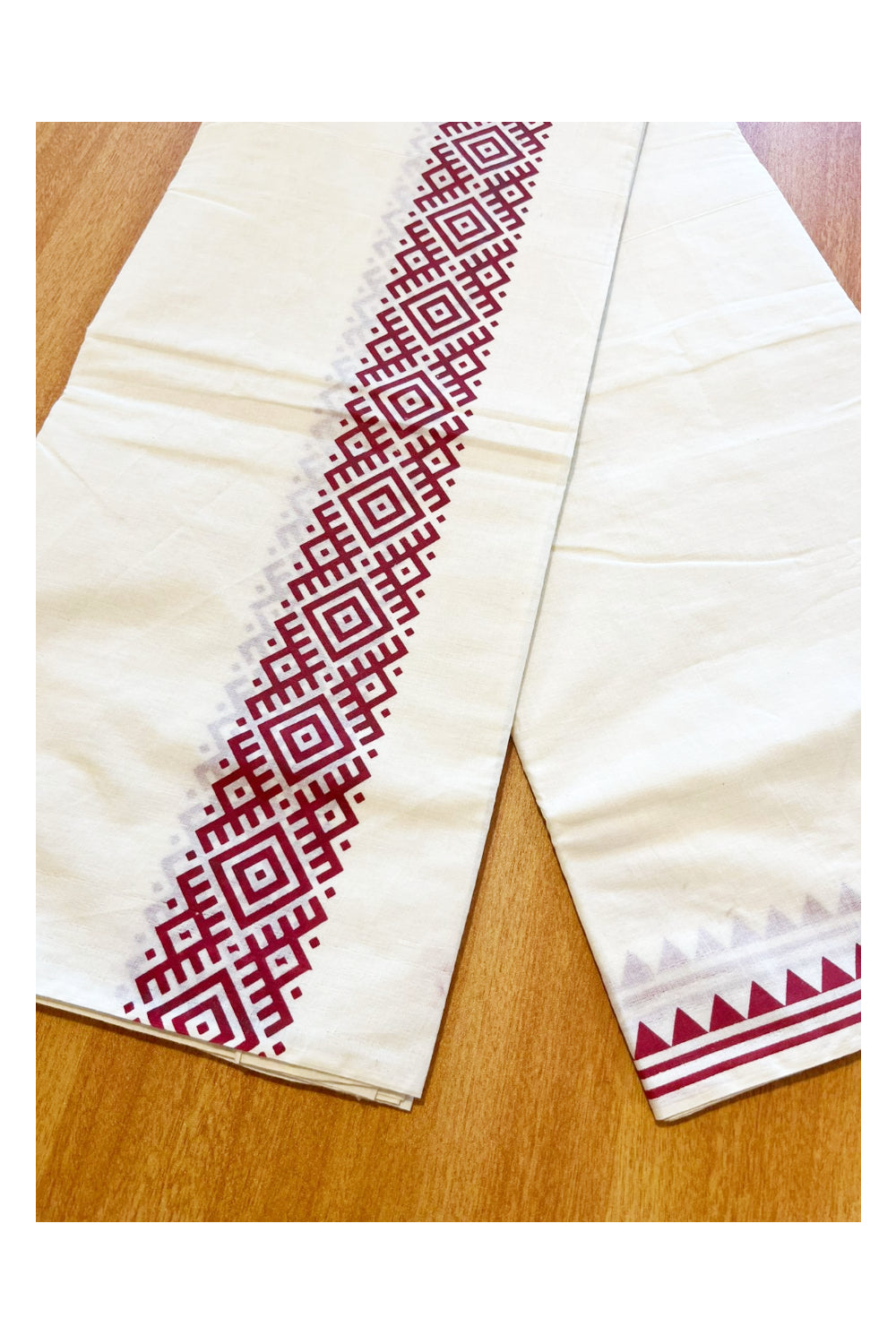 Pure Cotton Off White Double Mundu with Maroon Block Prints On Border (South Indian Kerala Dhoti)