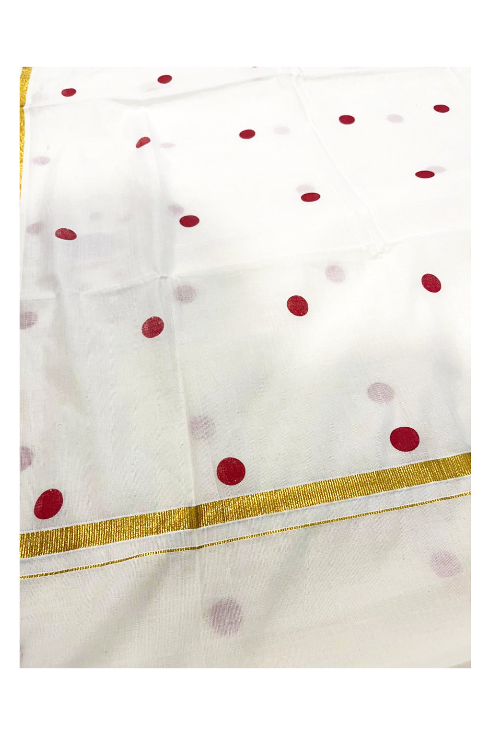 Pure Cotton Kerala  Kasavu Saree with Red Block Polka Dot Prints on Body