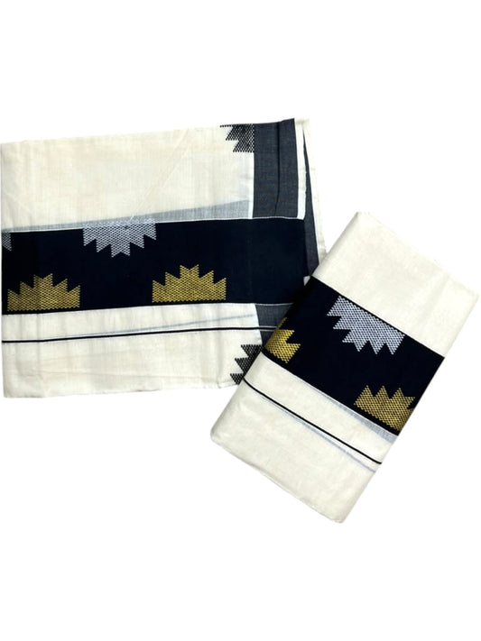 Southloom Pure Cotton Single Set Mundu (Mundum Neriyathum) Temple Design & Black Border 2.80 Mtrs SL631