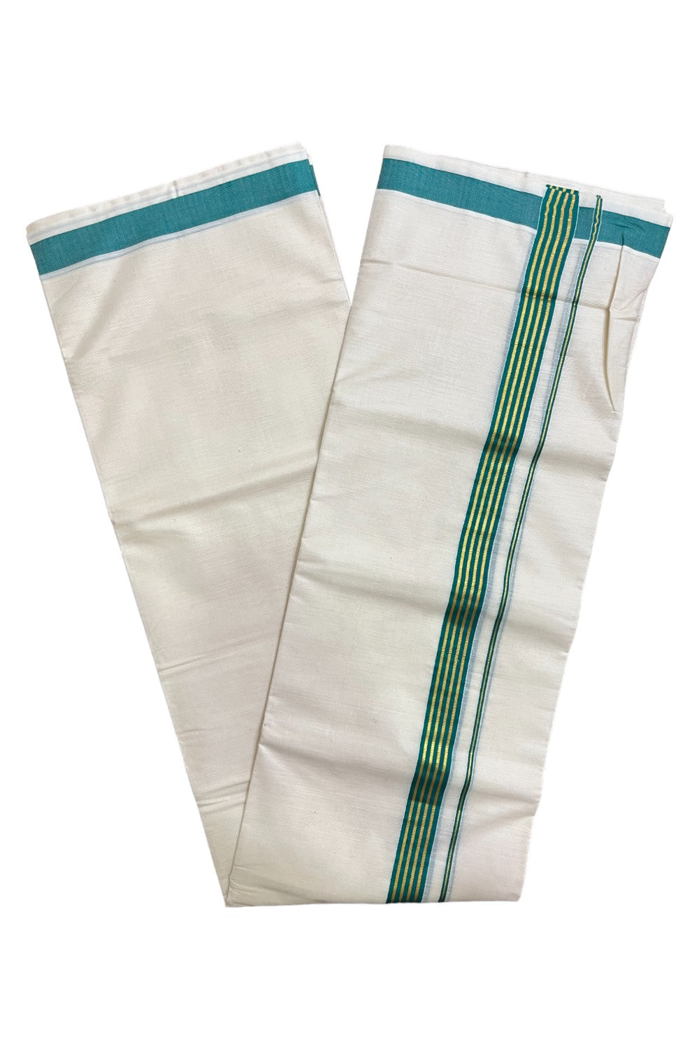 Kerala Pure Cotton Double Mundu with Green and Kasavu Lines Border (South Indian Kerala Dhoti)