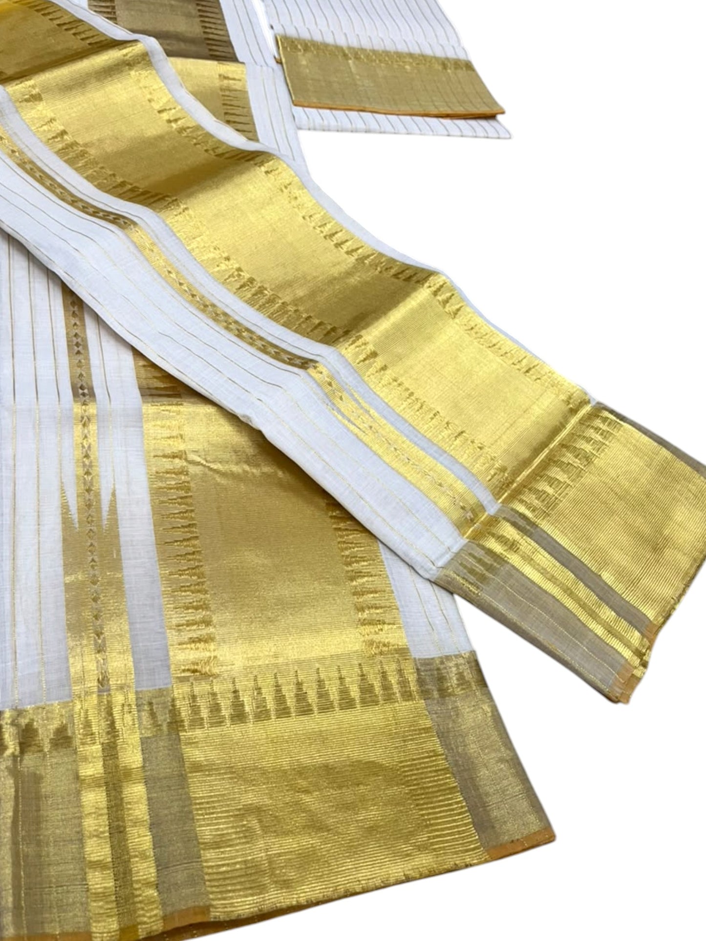 Southloom Premium Cotton Handloom Set Mundu with Kasavu and Gold Temple Border (2.80 Mtr)