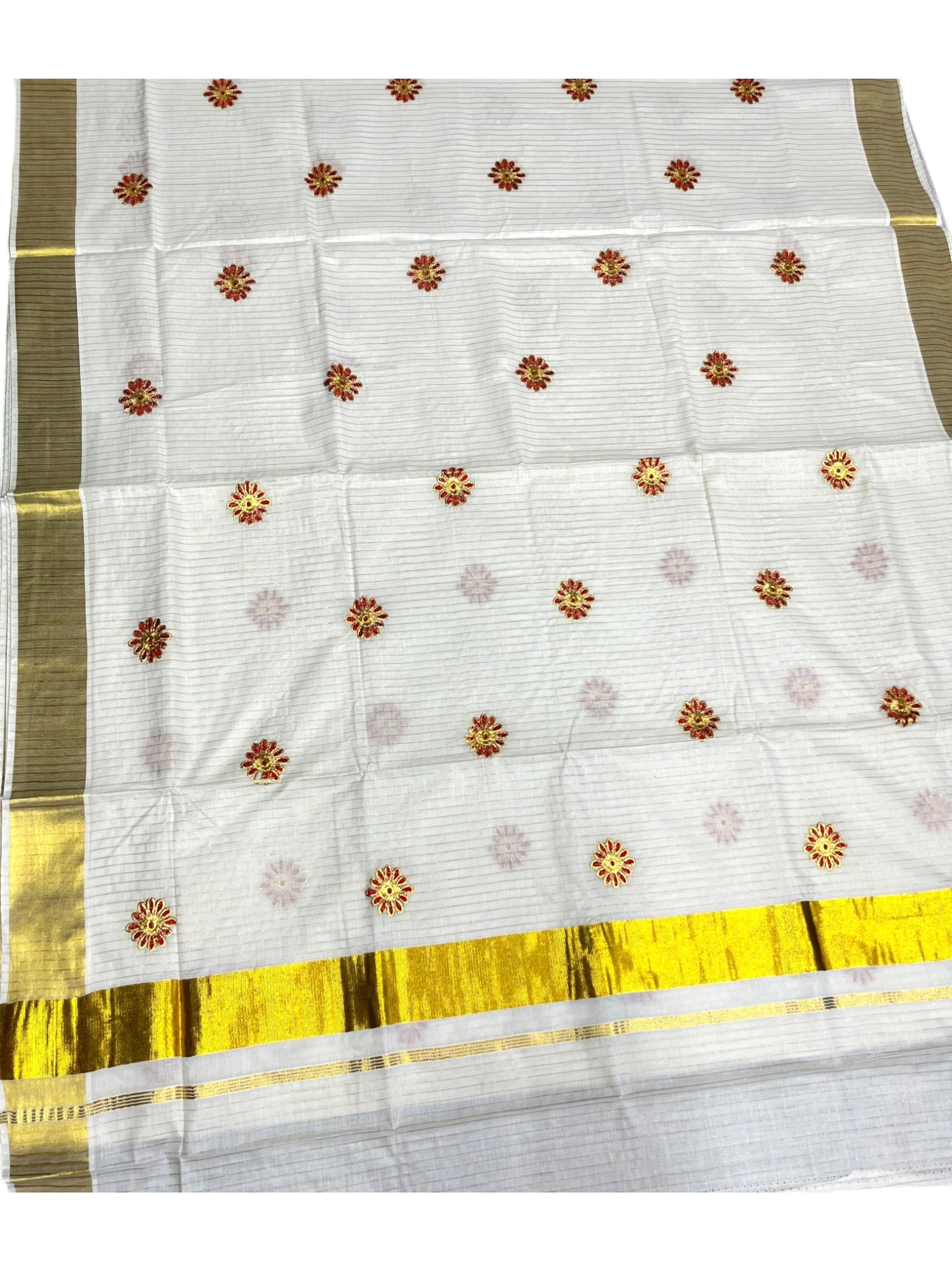 Southloom Cotton Kerala Kasavu Stripes Saree with Floral Embroidery Design in Red