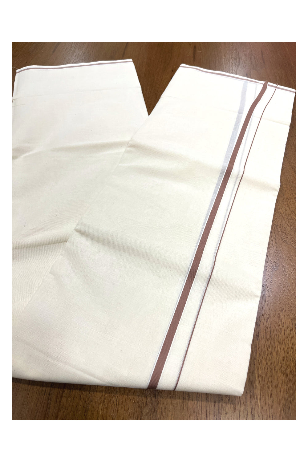 Pure Cotton Double Mundu with 0.5 inch Brown Border (South Indian Kerala Dhoti)