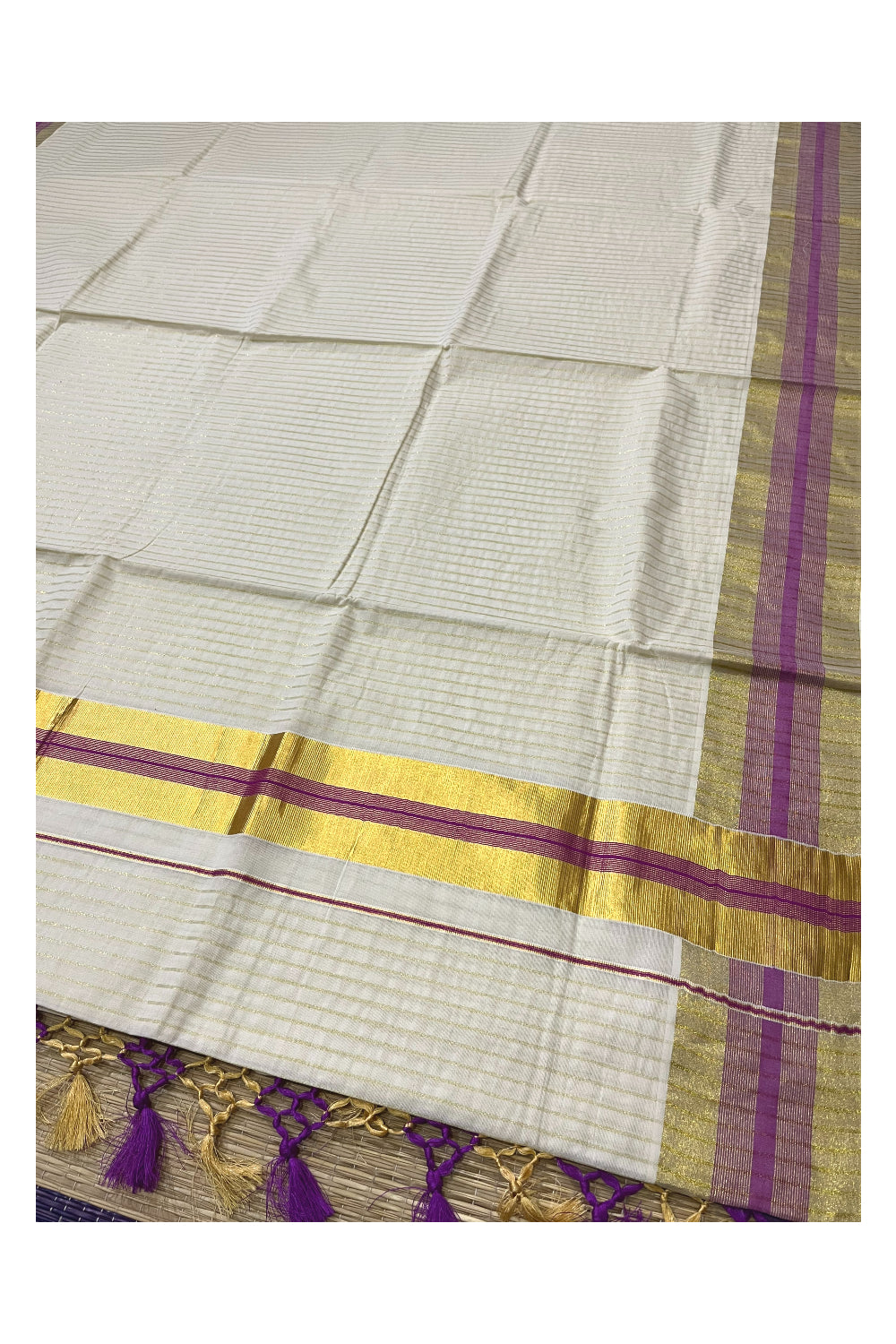 Pure Cotton Kerala Kasavu Lines Design Saree with Violet Border and Tassels Work (Onam Saree 2023)