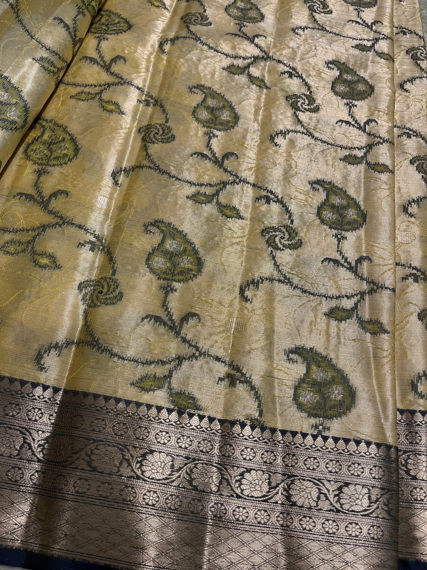 Southloom Tissue Silk Saree with Woven Work on Body and Borders (Beige & Blue)