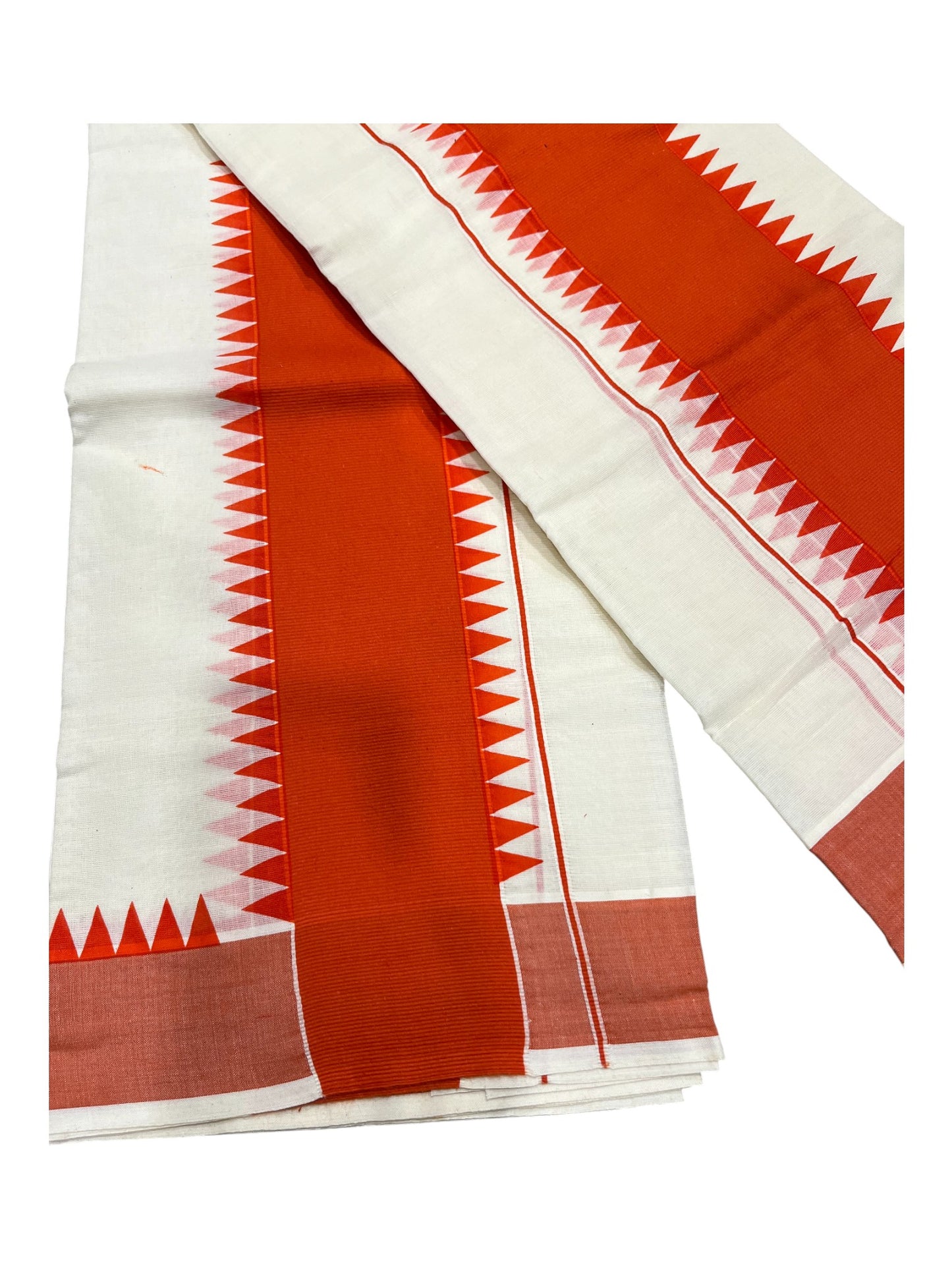 Kerala Pure Cotton Set Mundu Single (Mundum Neriyathum) with Orange Temple Border 2.80 Mtrs