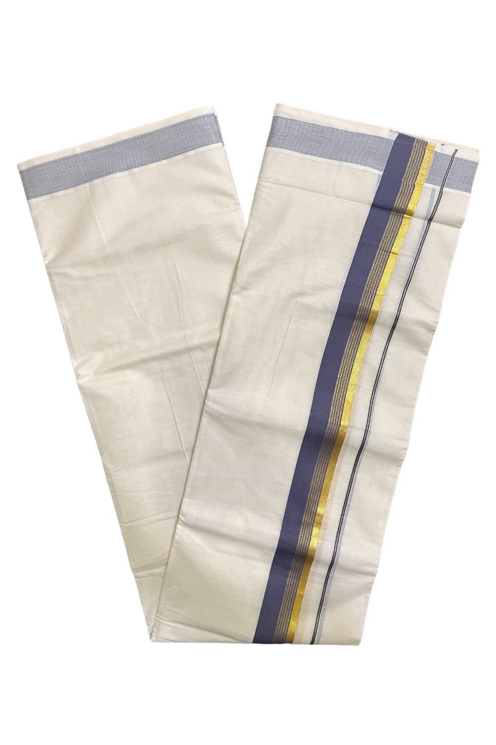 Kerala Pure Cotton Double Mundu with Grey and Kasavu Border (South Indian Kerala Dhoti)