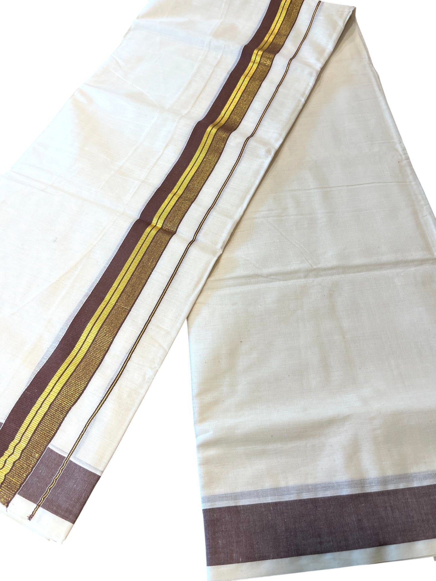Southloom Kerala Pure Cotton Double Mundu with Gold Lines & Brown Border (South Indian Dhoti)