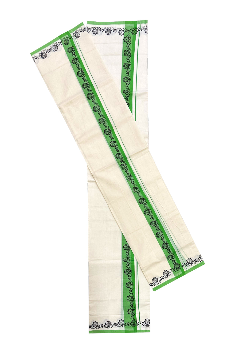 Kerala Cotton Set Mundu (Mundum Neriyathum) with Black Floral Block Prints in Light Green Border (Onam Set Mundu 2023)