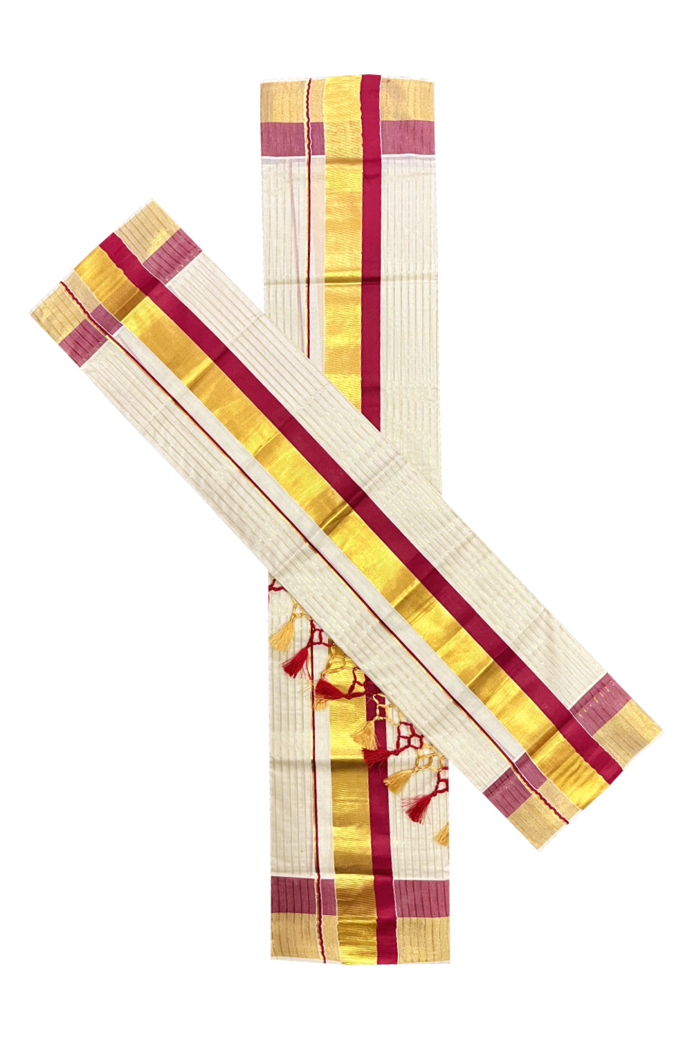 Pure Cotton Kerala Set Mundu with Kasavu Lines on Body Maroon Border and Tassels Designs 2.80 Mtrs