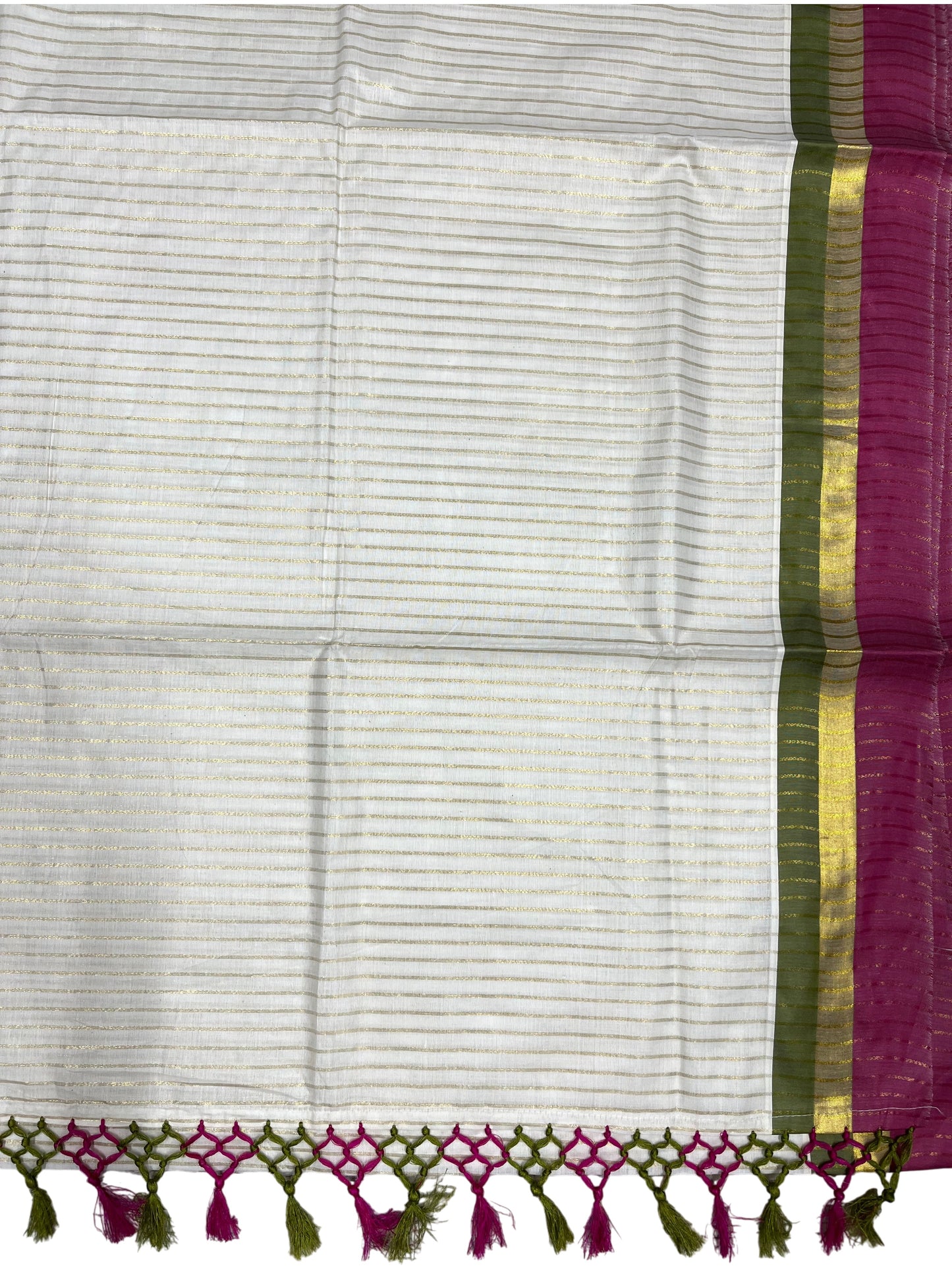 Southloom Cotton Kerala Kasavu Saree with Stripes on Body and Pink &Olive Green Border with Tussels