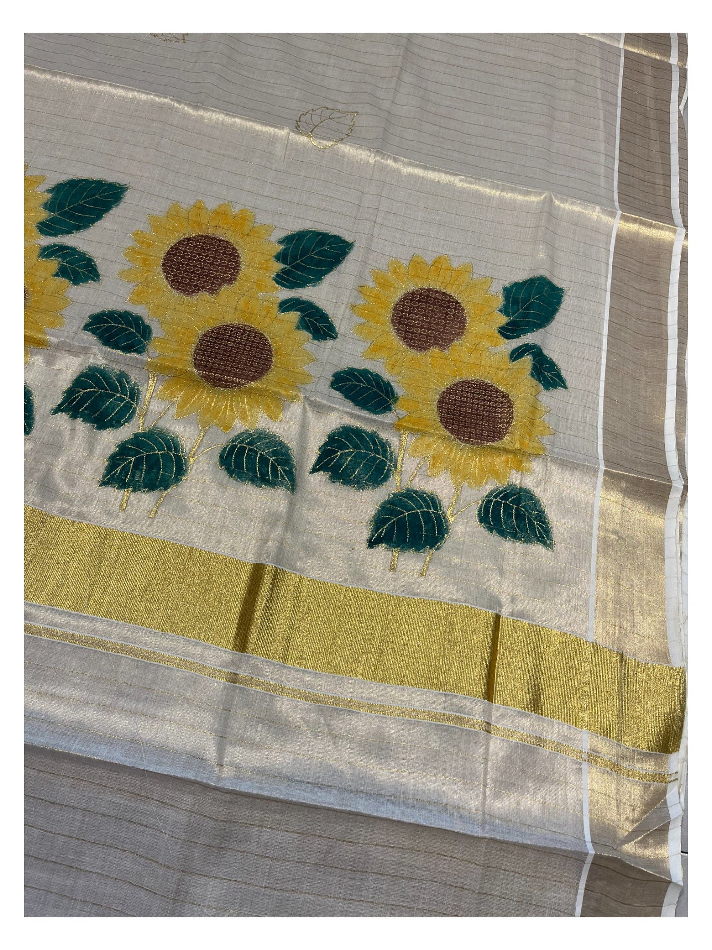 Southloom Kerala Tissue Kasavu Lines Saree with Embroidery Work in Yellow Floral Print