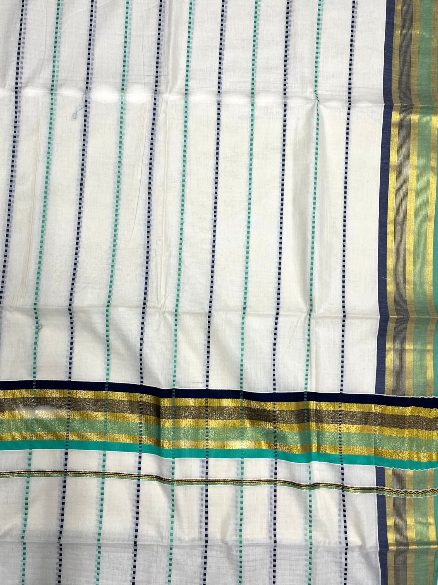 Southloom Cotton Kasavu Saree with Green and Blue Thread Work Across Body