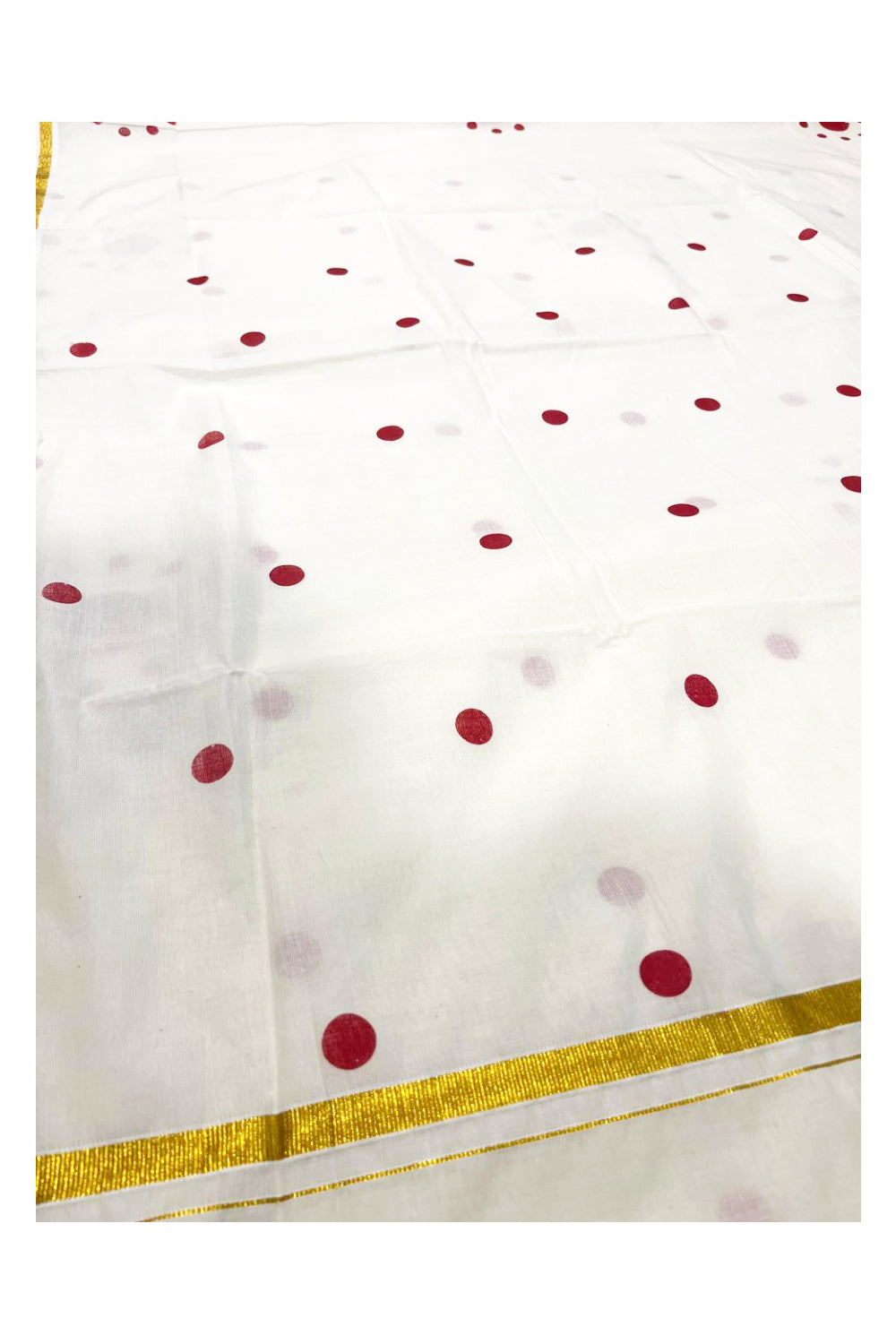 Pure Cotton Kerala  Kasavu Saree with Red Block Polka Dot Prints on Body