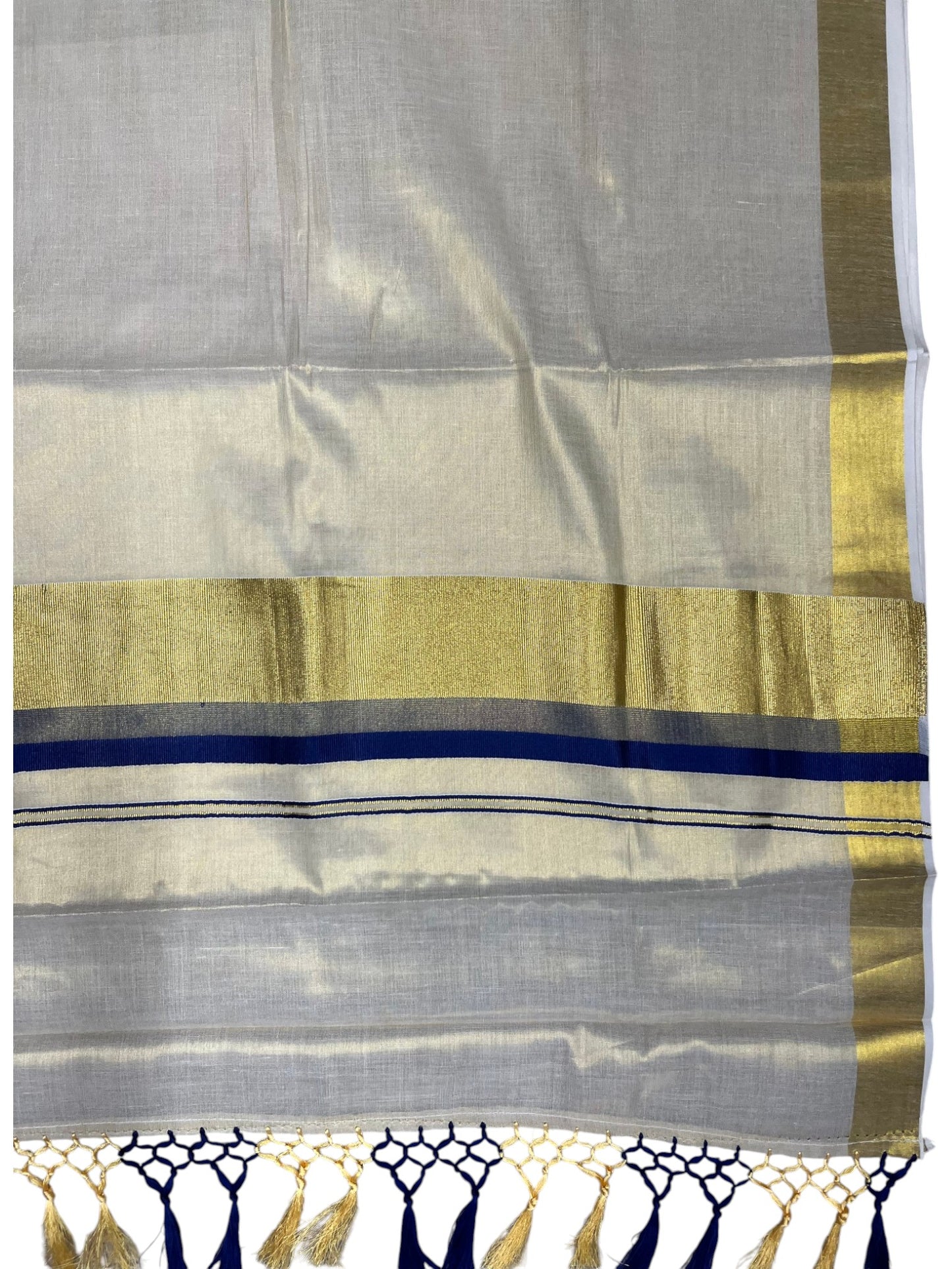 Southloom Kerala Tissue  Kasavu Saree with Stripes on Body with Blue Borders