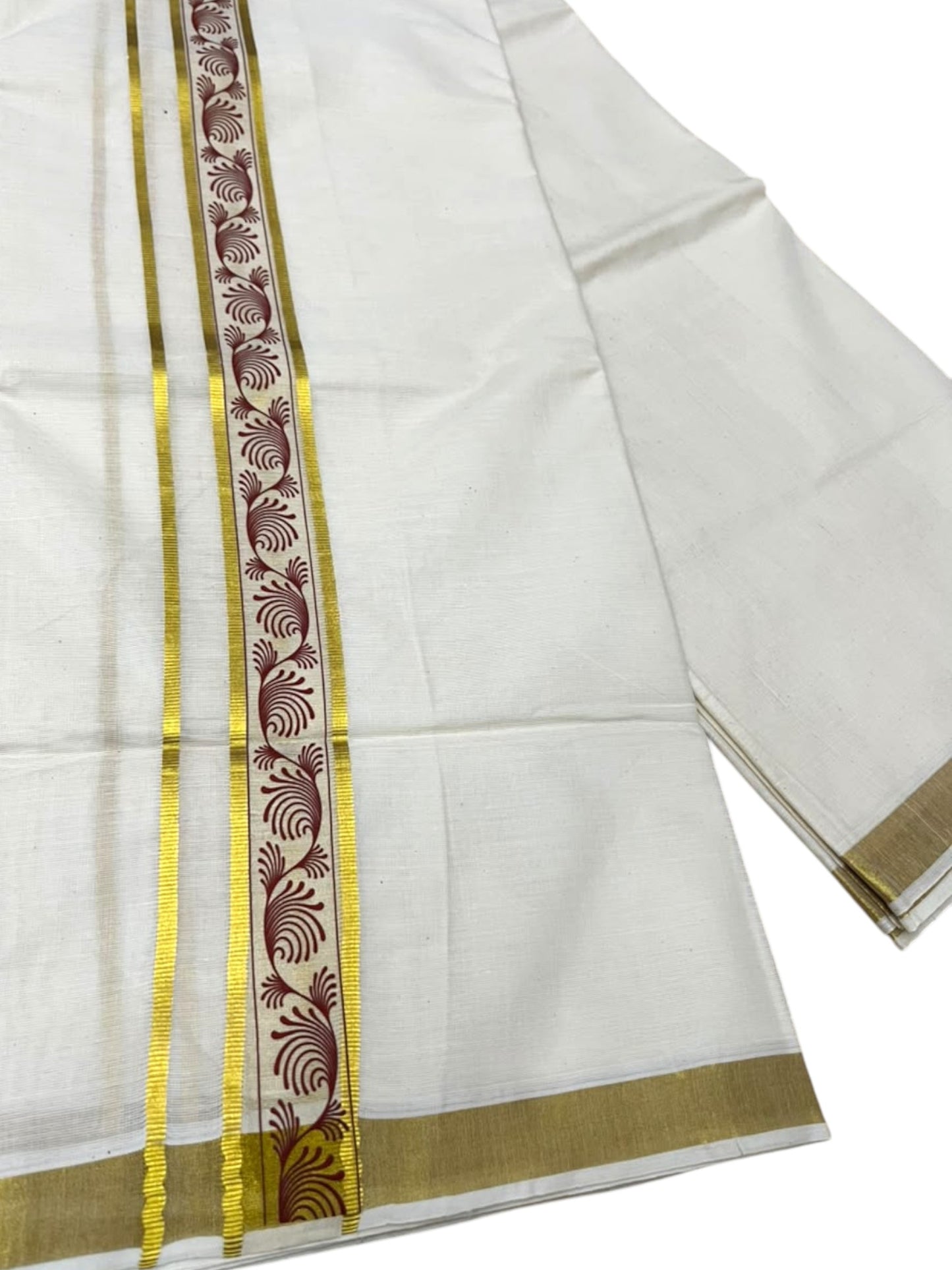 Southloom Pure Cotton Double Mundu with Maroon Block Printed And Ksavu Border (South Indian Kerala Dhoti)