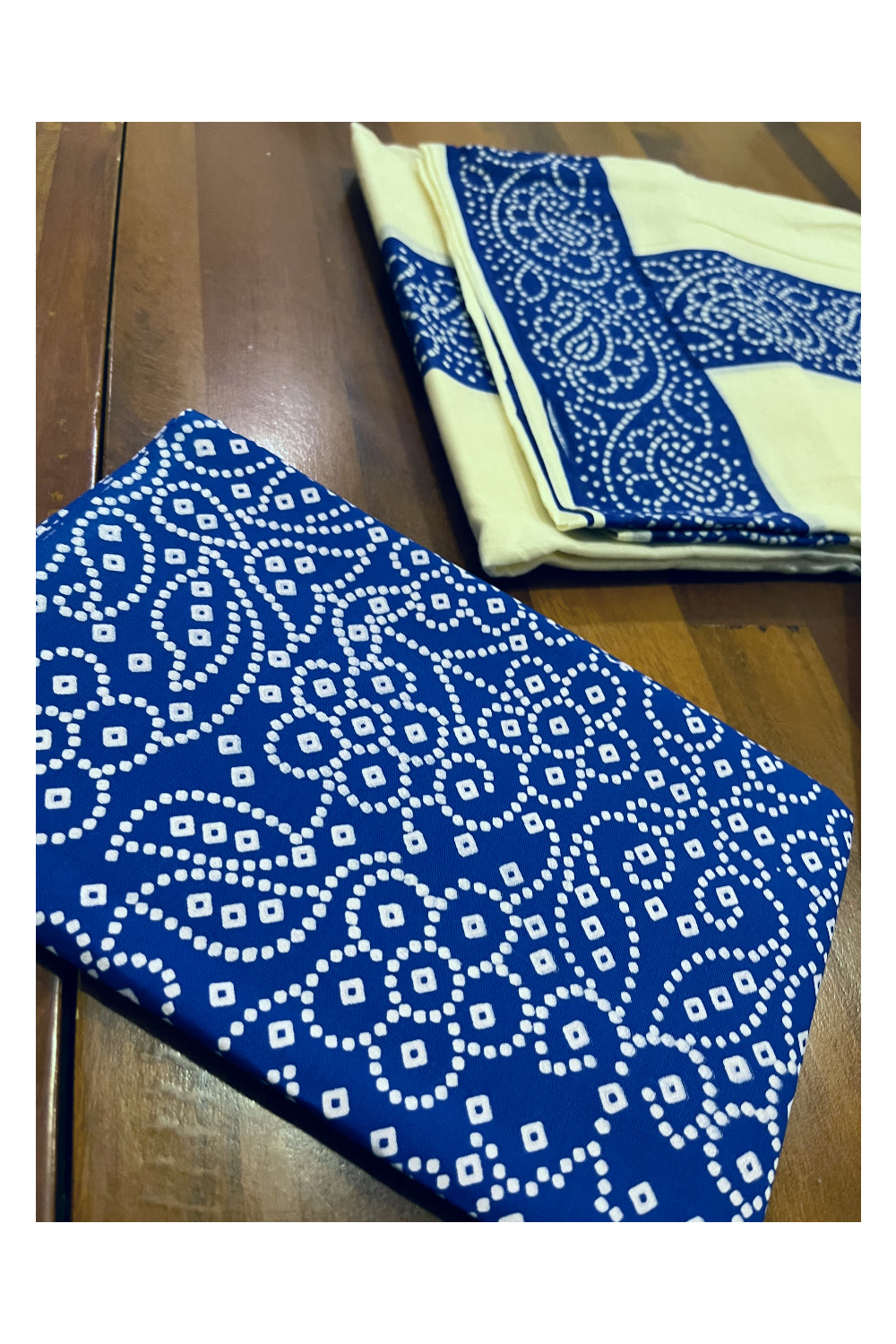 Kerala Cotton Set Mundu (Mundum Neriyathum) with Blue Block Prints and Seperate Blouse Piece (Onam Set Mundu 2023)