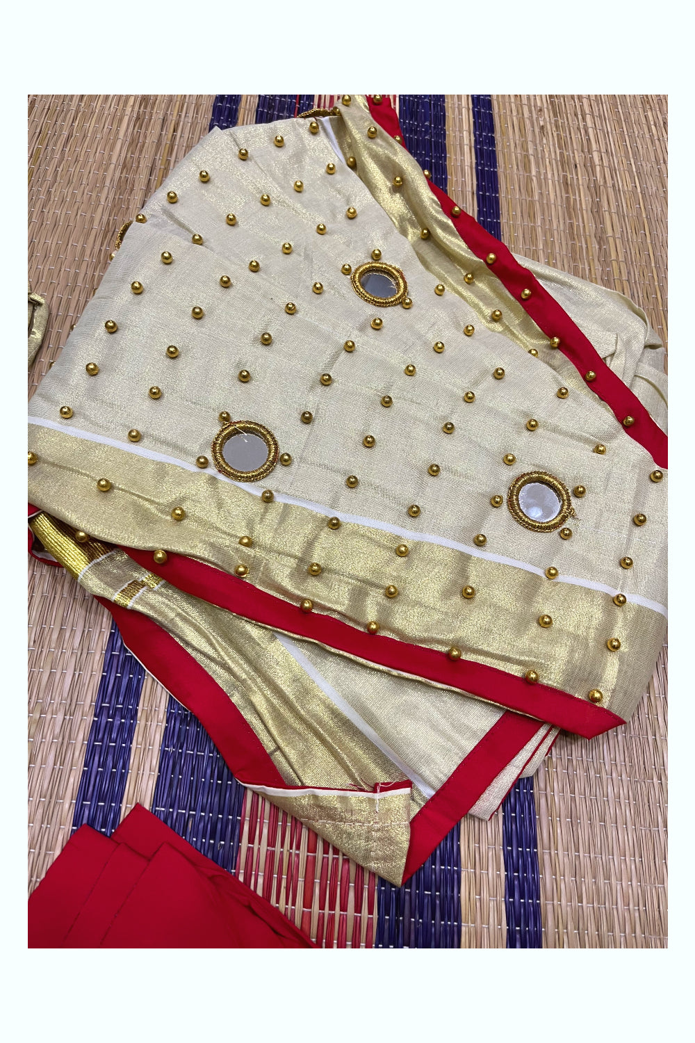 Southloom Semi Stitched Tissue Dhavani Set with Bead Work Pavada and Red Blouse Piece