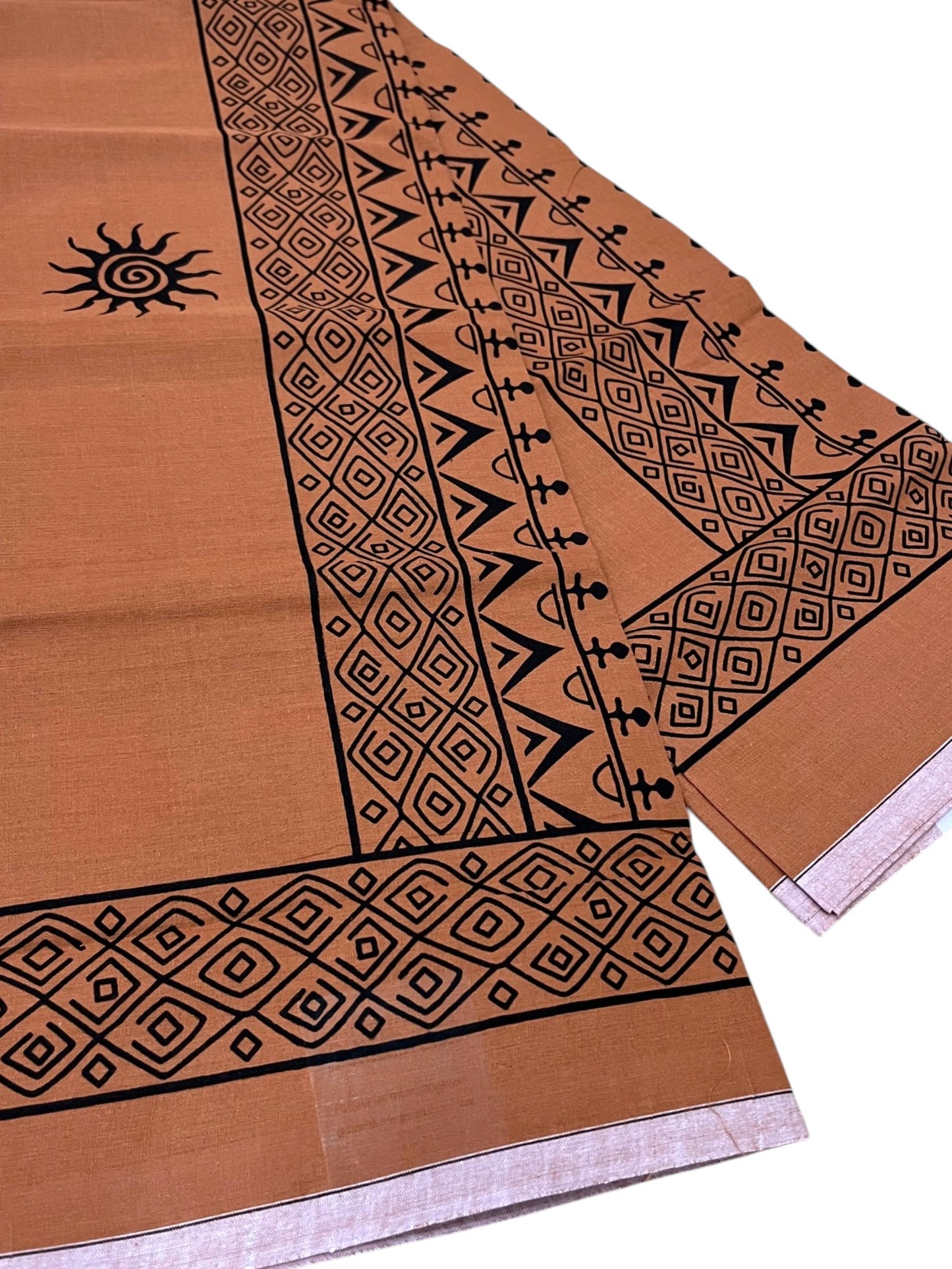 Southloom Saffron (Kaavi) Black Printed Single Mundu / Lungi (South Indian Kerala Dhoti) SL319